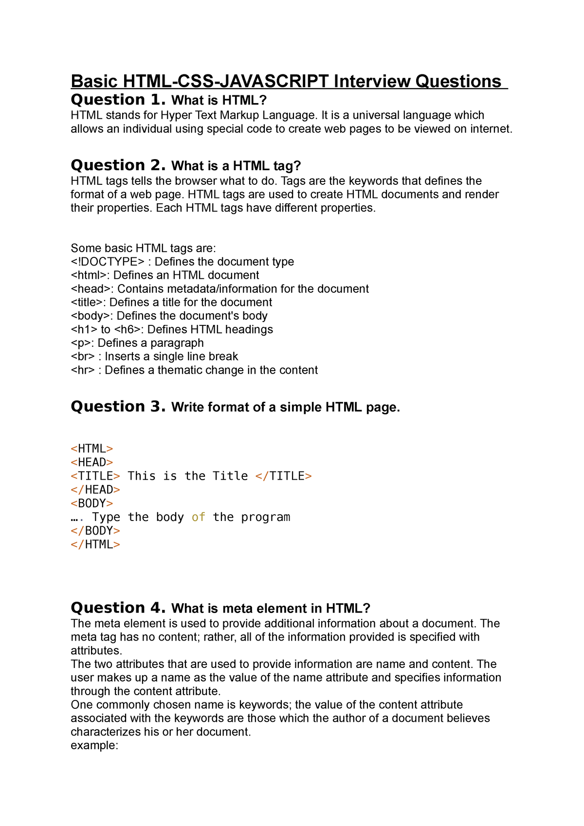 Basic HTML - Basic HTML-CSS-JAVASCRIPT Interview Questions Question 1 ...