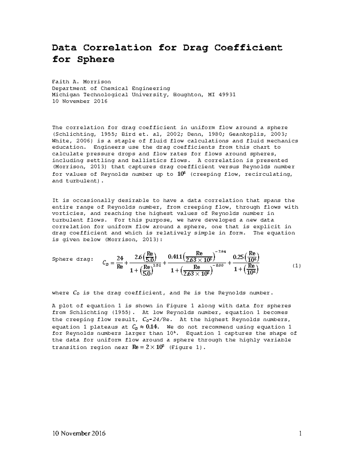 Data Correlation For Sphere Drag 2016 10 November 2016 1 Data