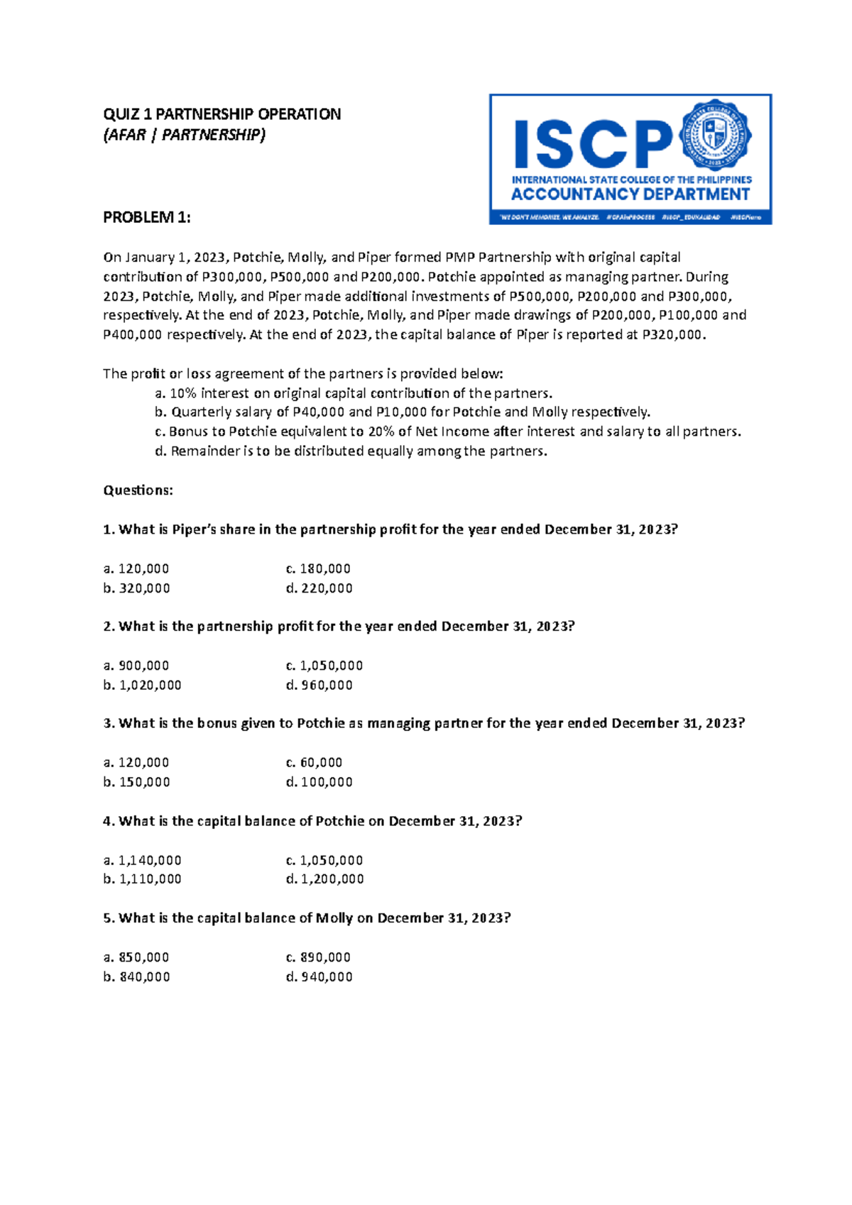 QUIZ Partnership Operations - QUIZ 1 PARTNERSHIP OPERATION (AFAR ...