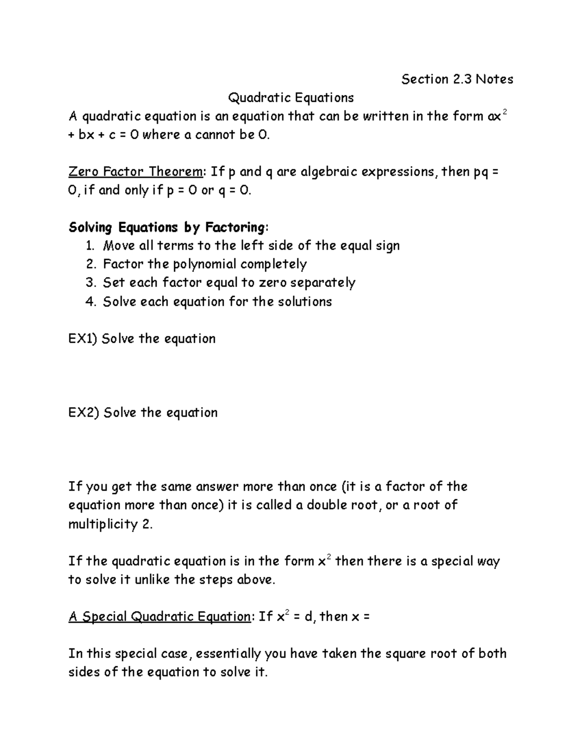 Section+2 - College algebra - Section 2 Notes Quadratic Equations A ...
