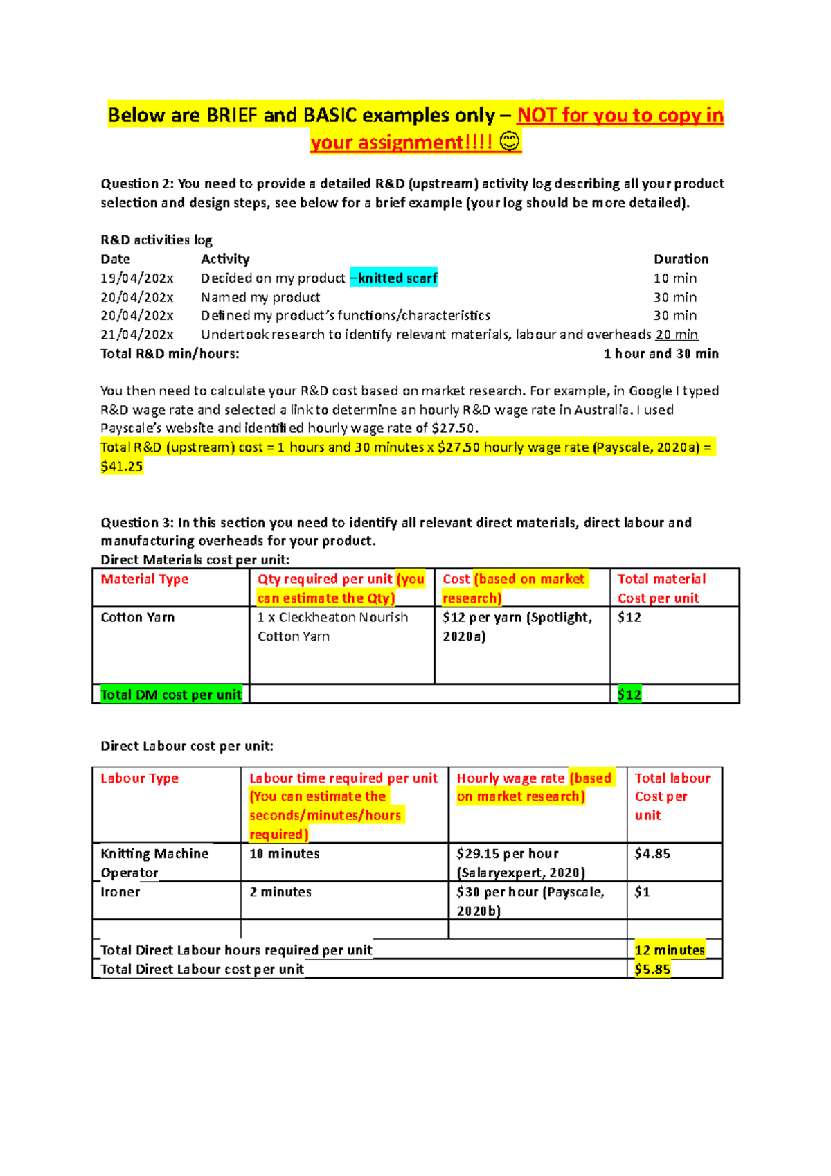 Example for Questions 2 and 3 - Below are BRIEF and BASIC examples only ...