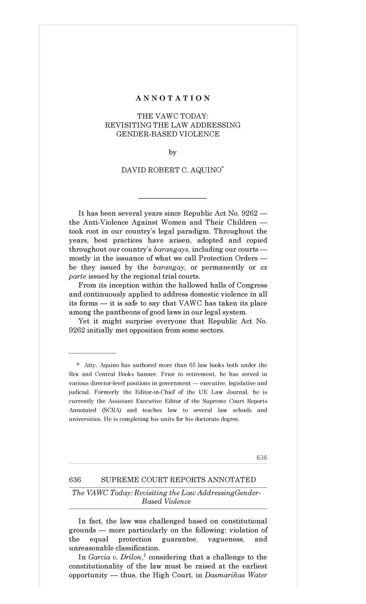 Vawcy today by Aquino - SCRA annotation - A N N O T A T I O N THE VAWC ...