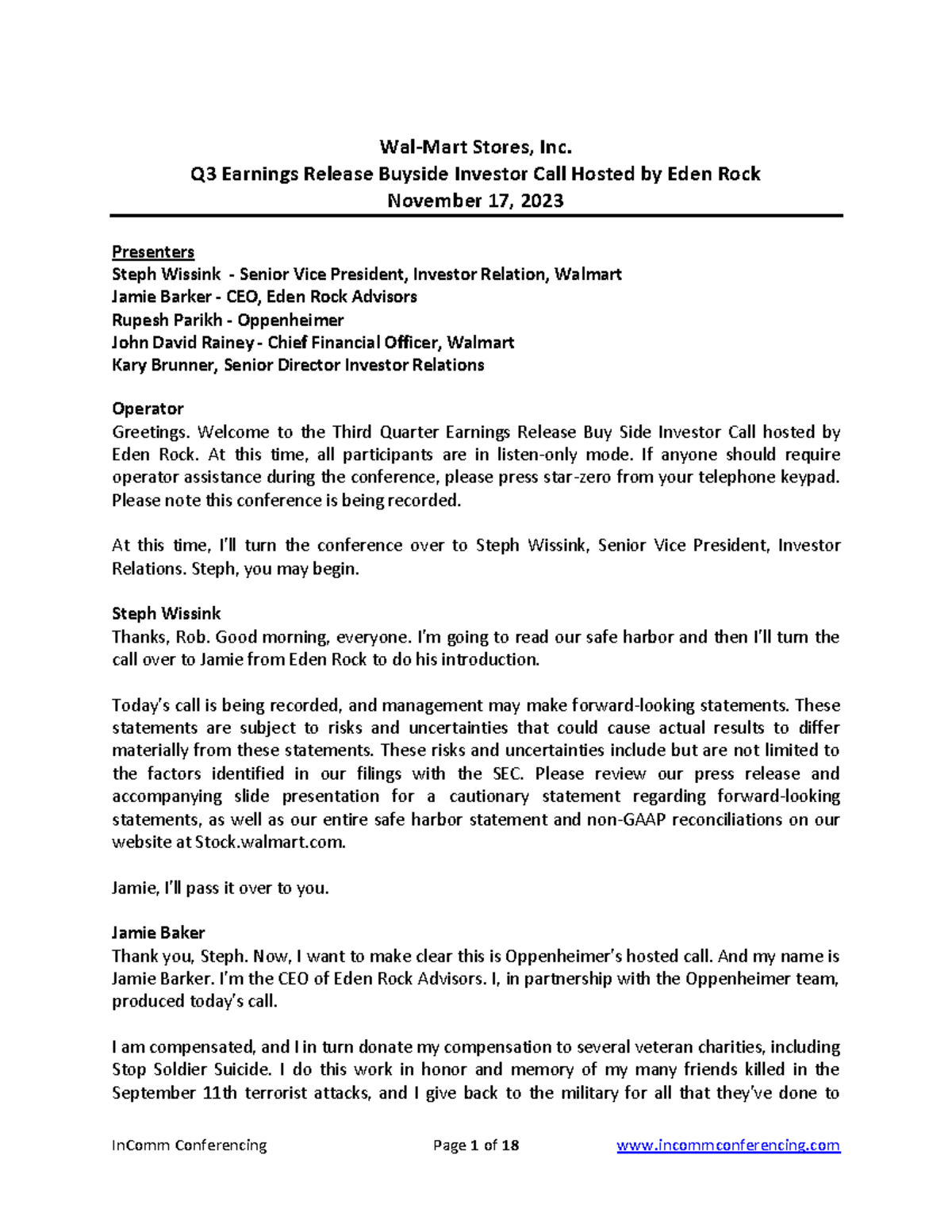 Fy2024 Q3 Earnings Buyside Follow Up Call Transcript - Wal-Mart Stores ...