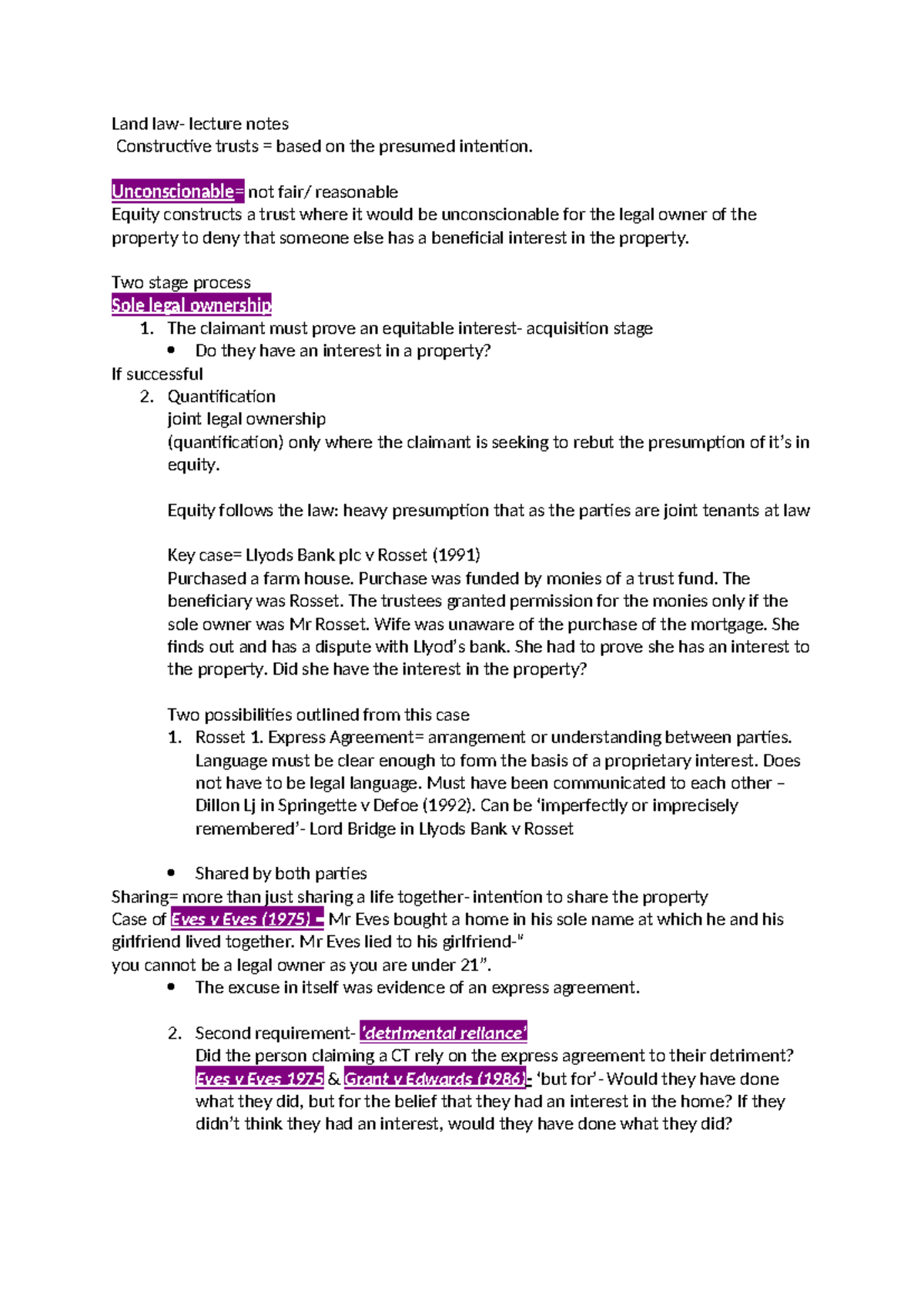 Land law lecture - land law - Land law- lecture notes Constructive ...