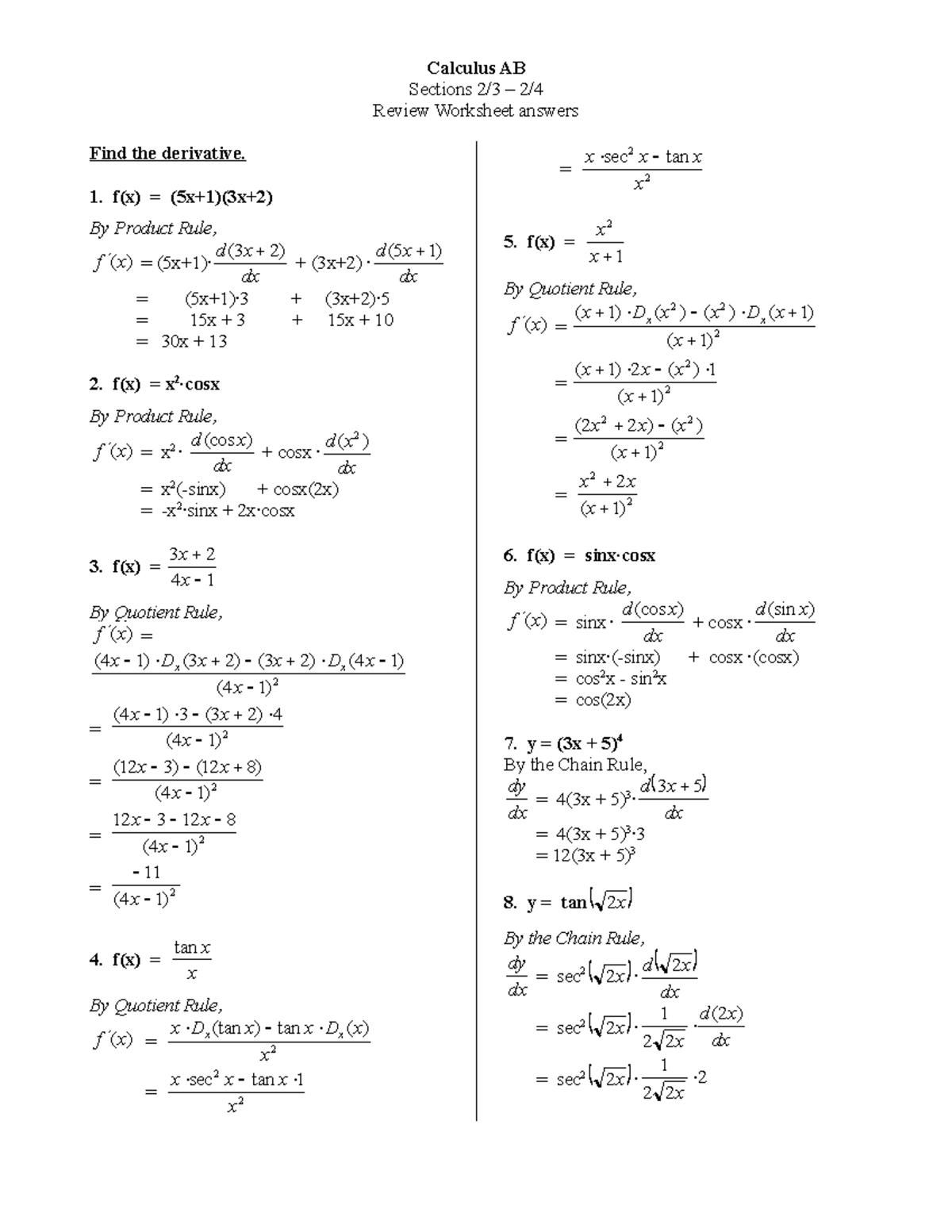 Calculus 2-3 - 2-4 Review Worksheet Answers - Calculus AB Sections 2/3 ...