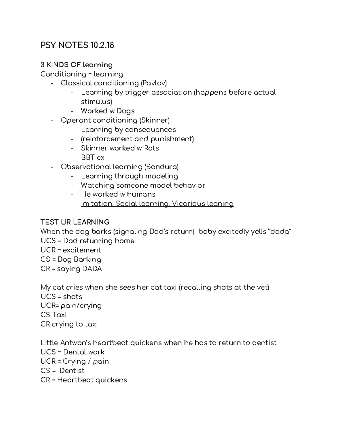 Psylec 1 week 1 - PSY NOTES 10.2 3 KINDS OF learning Conditioning ...