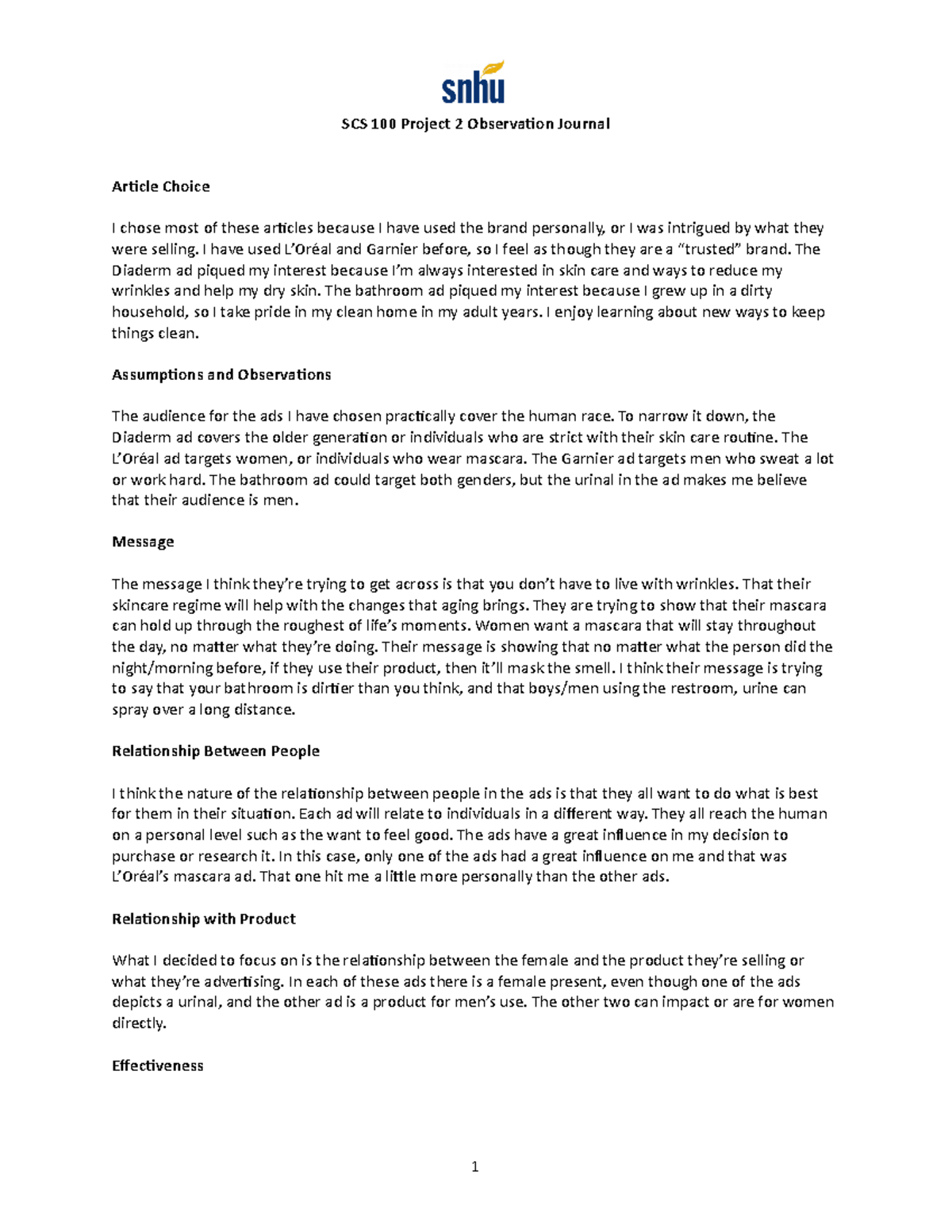 SCS 100 Project 2 Observation Journal - SCS 100 Project 2 Observation ...