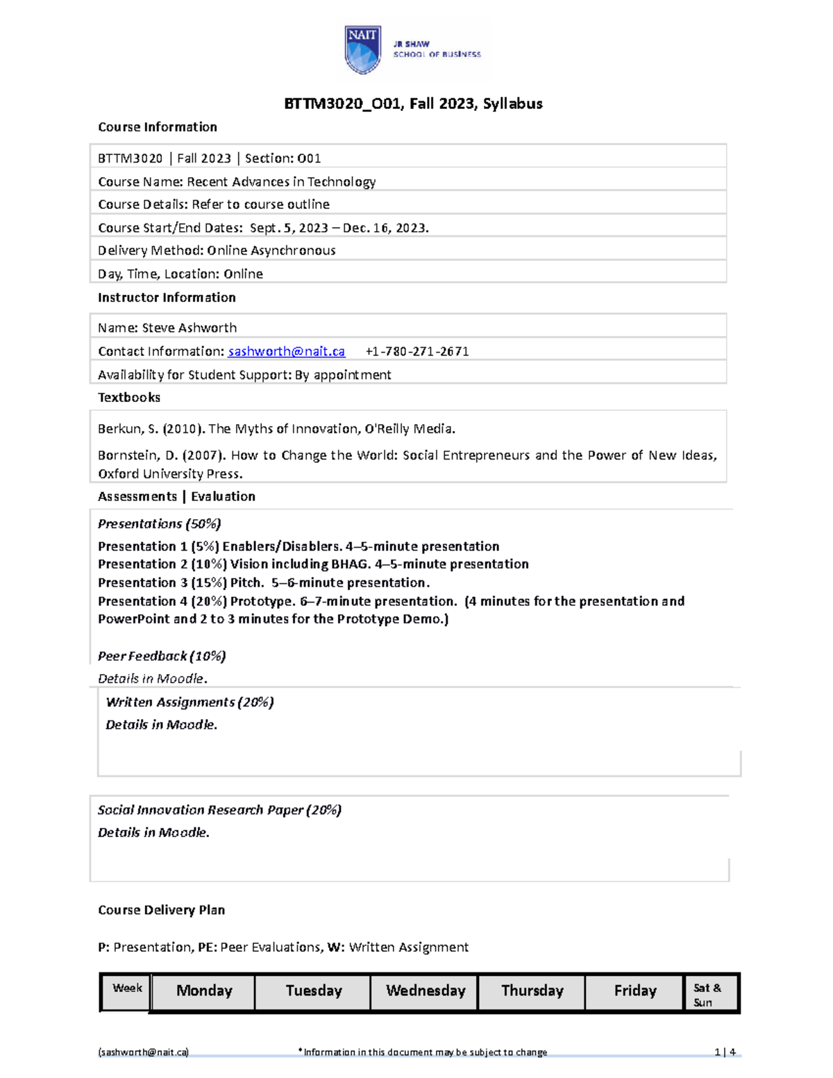 1231 BTTM3020-001 Ashworth - Course Information BTTM3020 | Fall 2023 ...