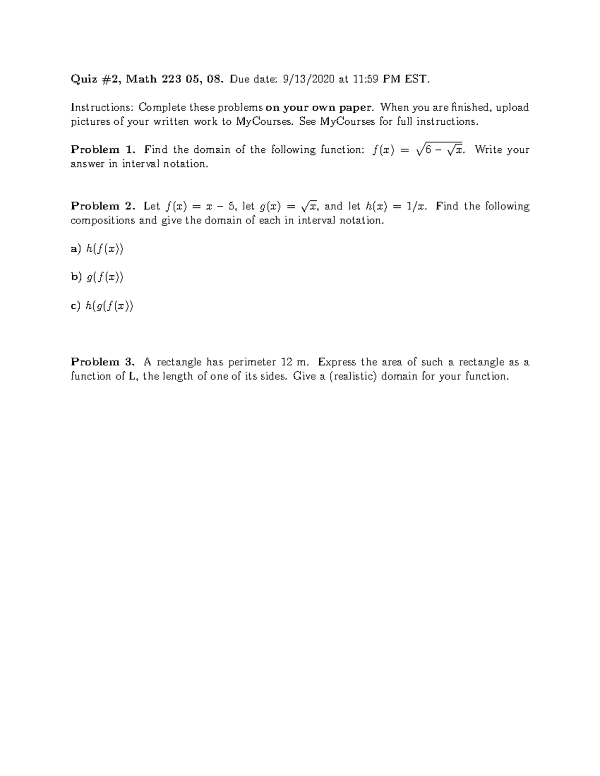 Quiz number 2 - Math 223 - Quiz#2, Math 223 05, 08 date: 9/13/2020 at ...