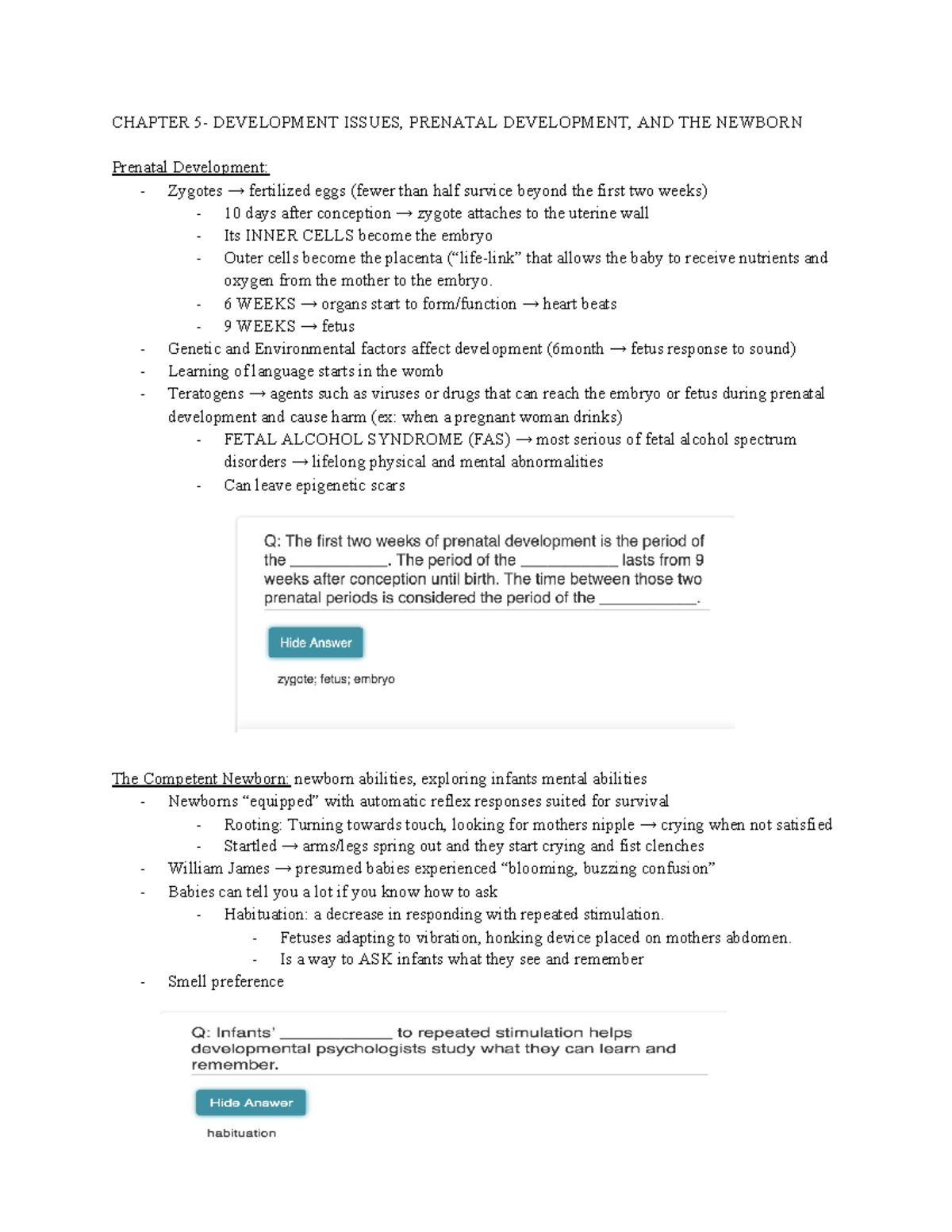 PSY- Chapter 5 Notes - CHAPTER 5- DEVELOPMENT ISSUES, PRENATAL ...
