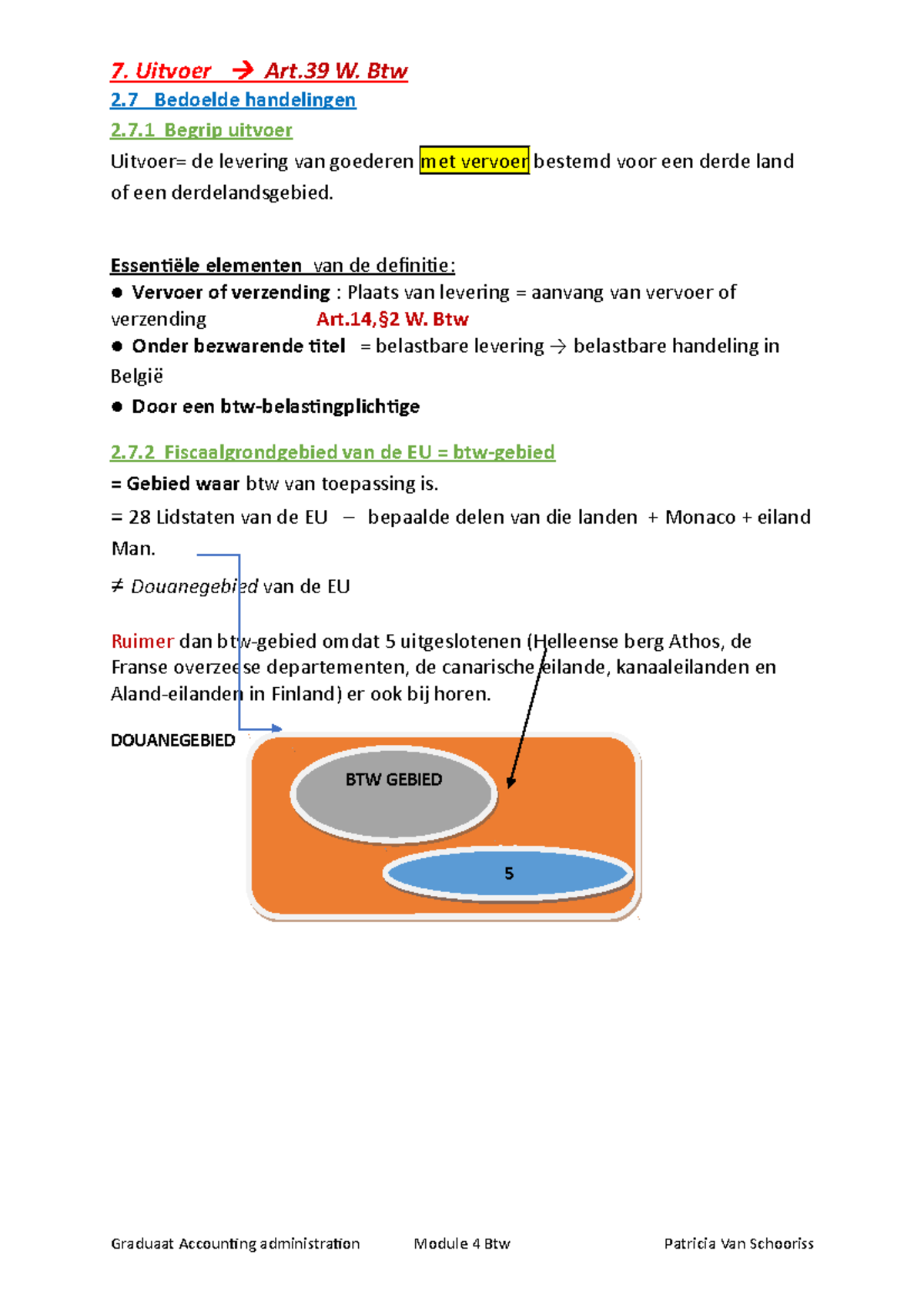 Samenvatting Btw Vervolg - 7. Uitvoer Art W. Btw 2 Bedoelde Handelingen ...