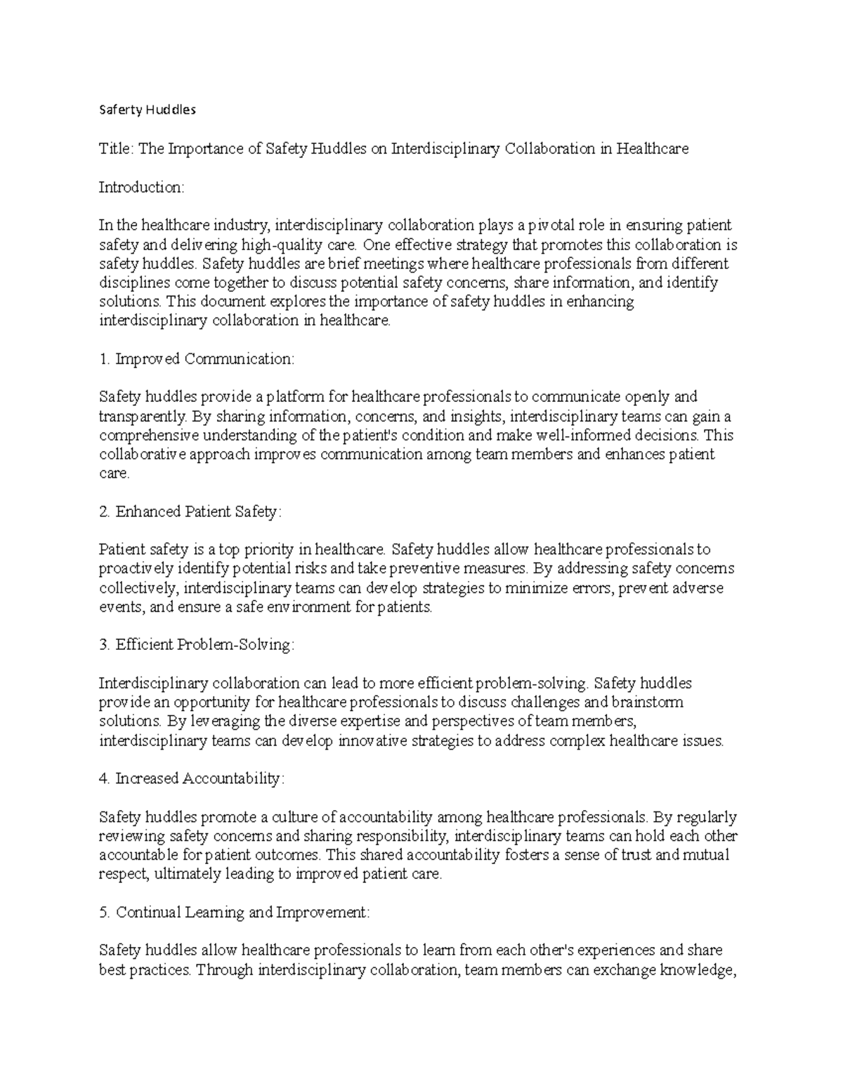 501 unit 4 assignment draft - Saferty Huddles Title: The Importance of ...