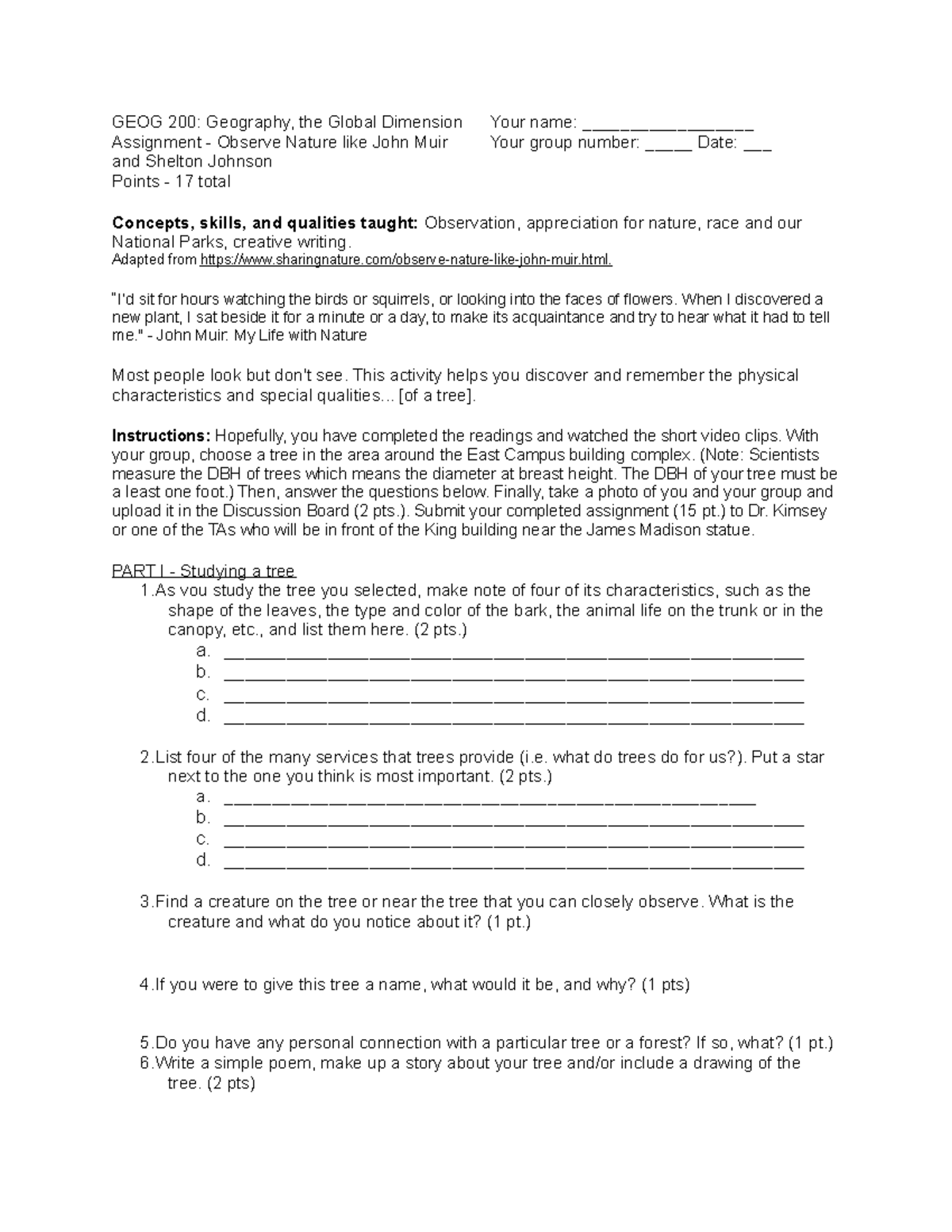 Observe nature worksheet - GEOG 200: Geography, the Global Dimension ...