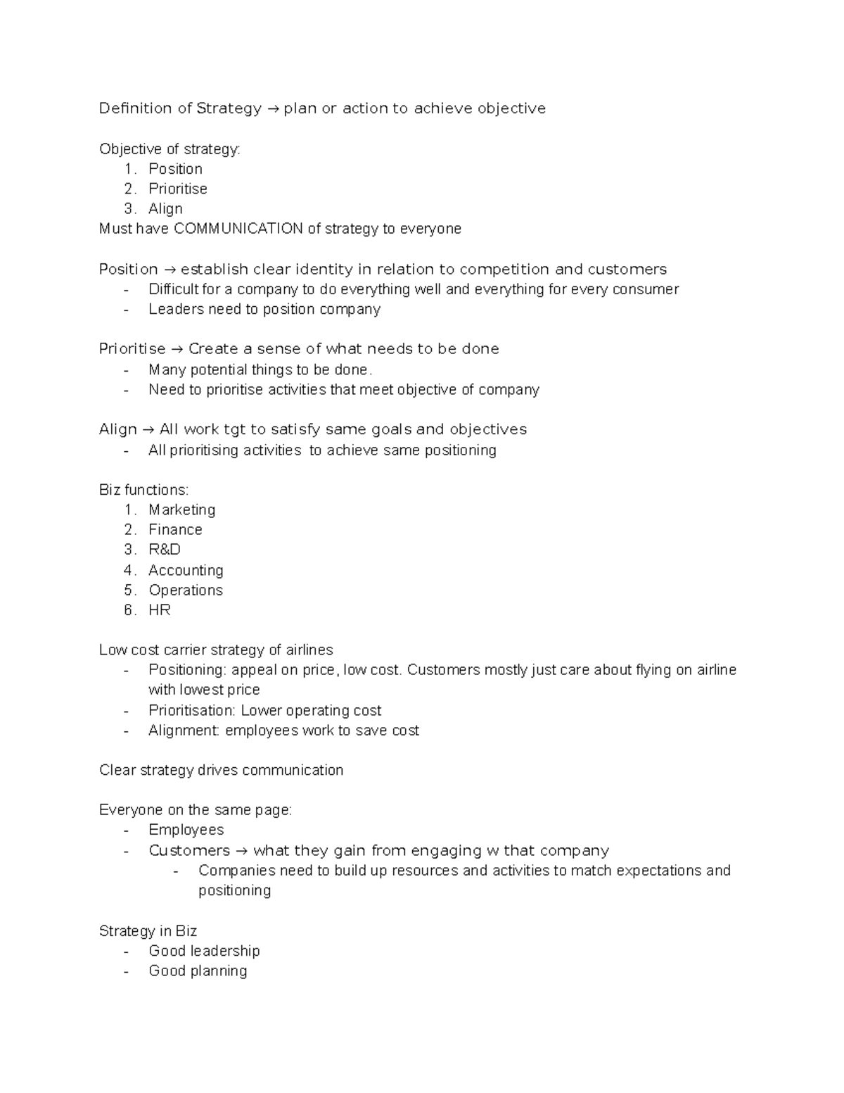BPM1705 - Strategy Notes - Definition of Strategy → plan or action to ...