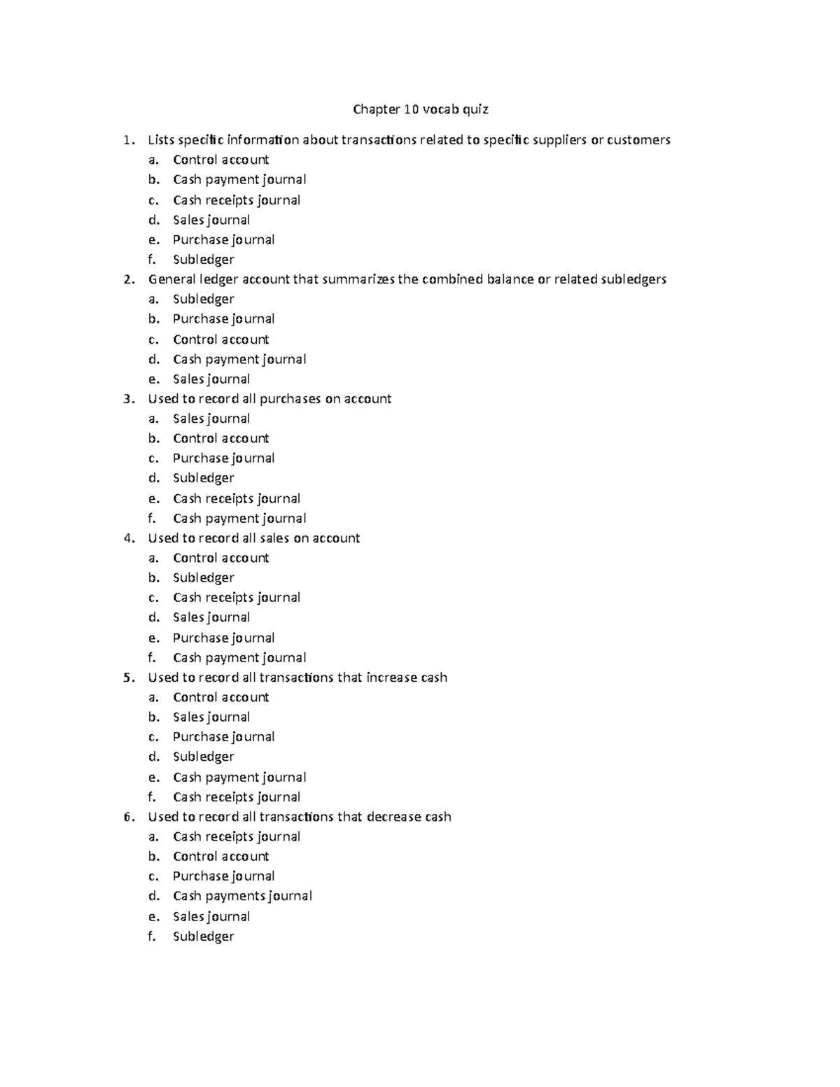Chapter 10 Accounting Information System vocabulary quiz solutions