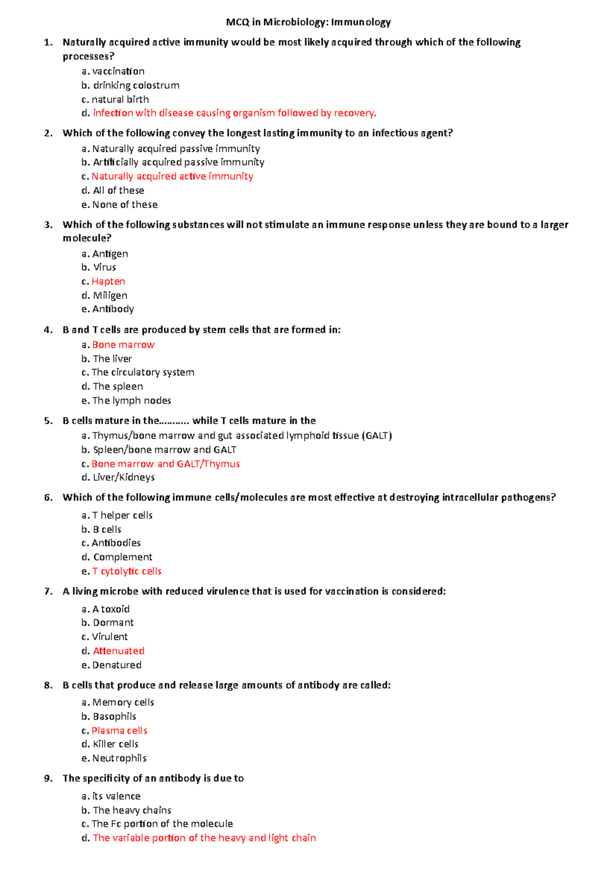 Immunology Mcqs Mcq In Microbiology Immunology 1 Naturally Acquired Active Immunity Would Be 2689