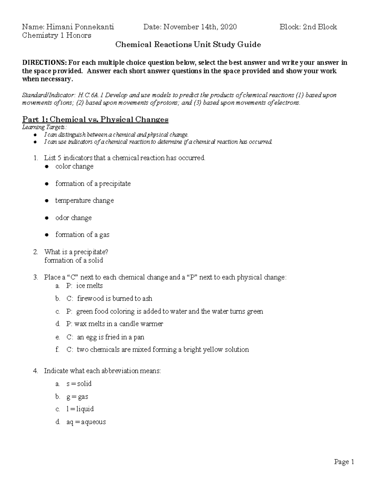 Copy of Chemical Reactions Unit Study Guide - Name: Himani Ponnekanti ...