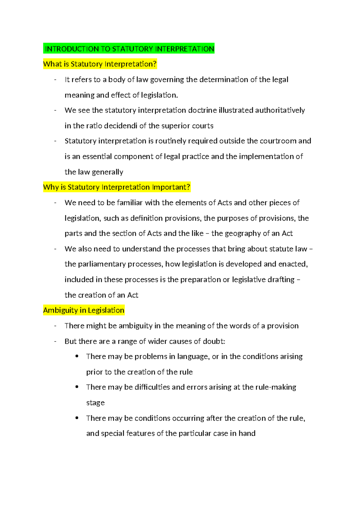 Wk 6 Notes - Lecture 6 - INTRODUCTION TO STATUTORY INTERPRETATION What ...