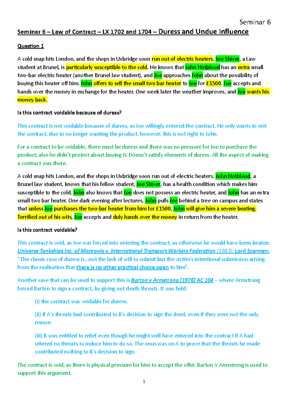 Seminar 6 - Duress And Undue Influence - Seminar 6 Seminar 6 – Law Of ...