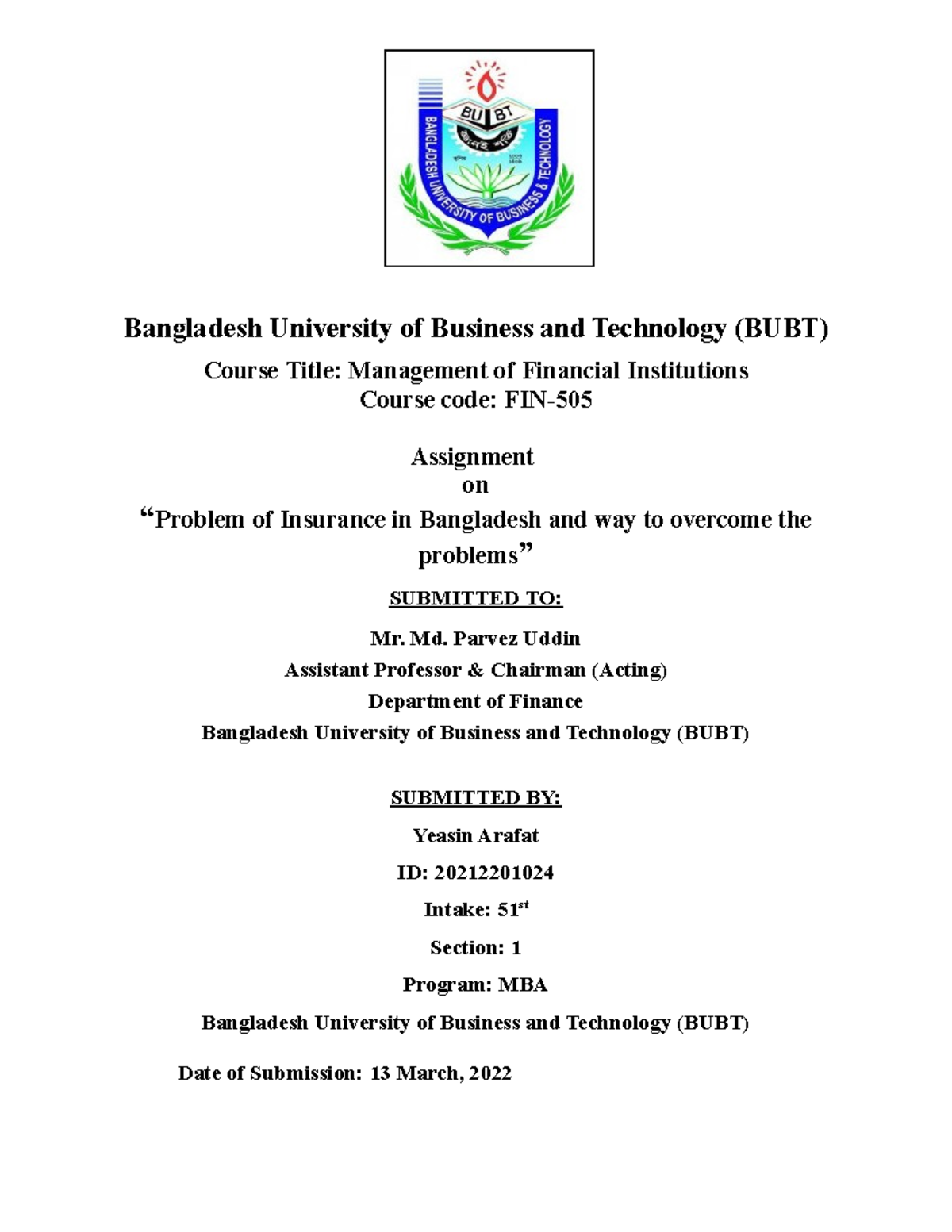 Fin Assaingment - Finance Assigment - Bangladesh University Of Business 