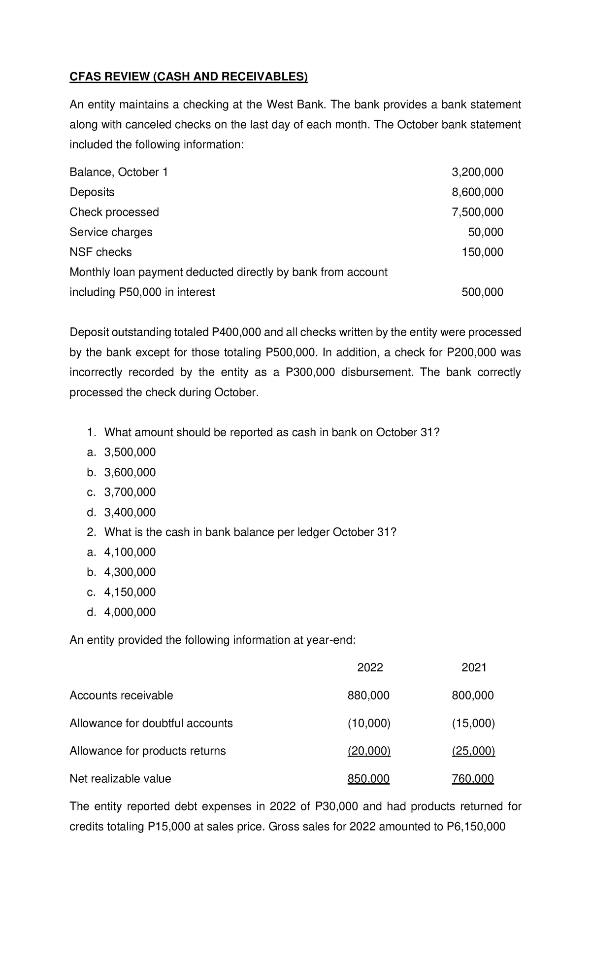 CFAS Review - CFAS REVIEW (CASH AND RECEIVABLES) An Entity Maintains A ...