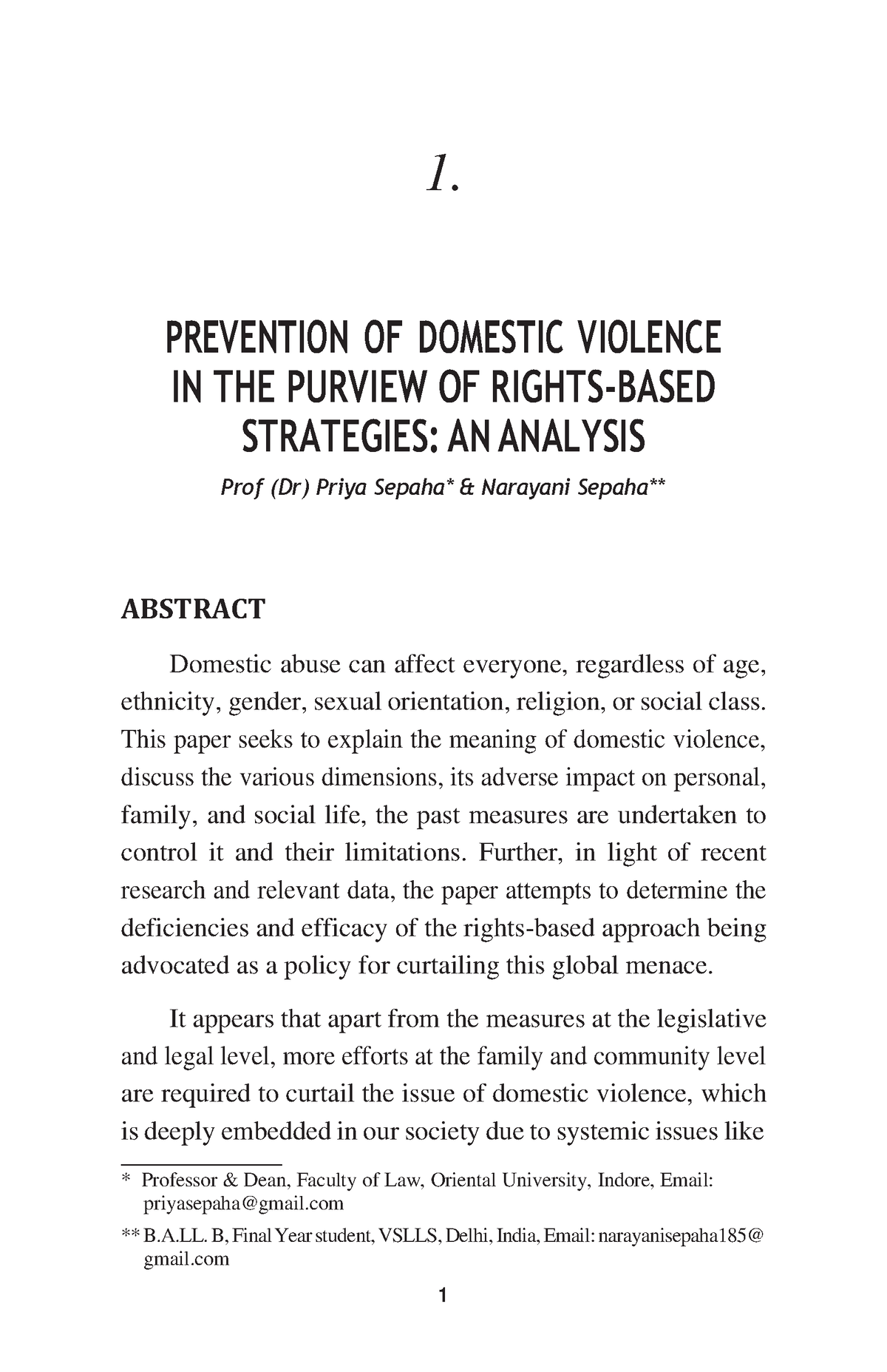 Prevention OF Domestic Violence IN THE P - 1. PREVENTION OF DOMESTIC ...