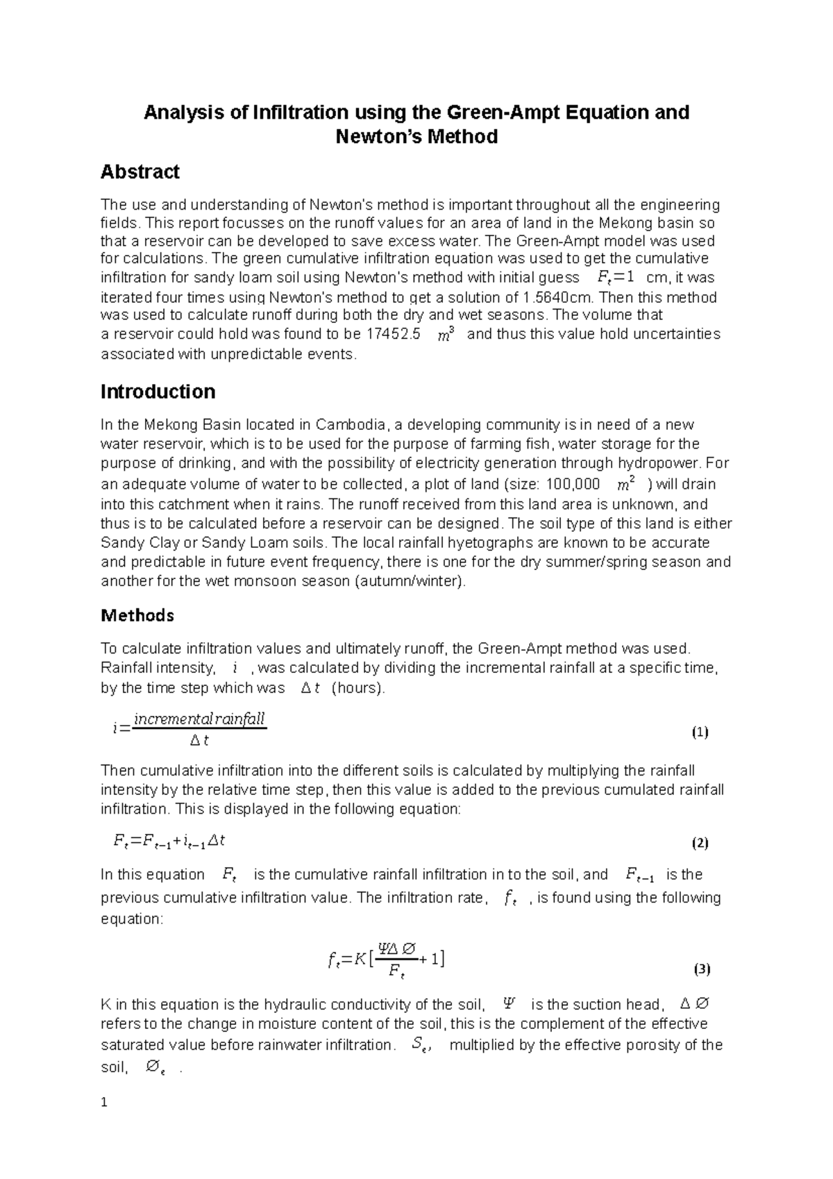 Emth171 Case Study 1 - Analysis Of Infiltration Using The Equation And ...