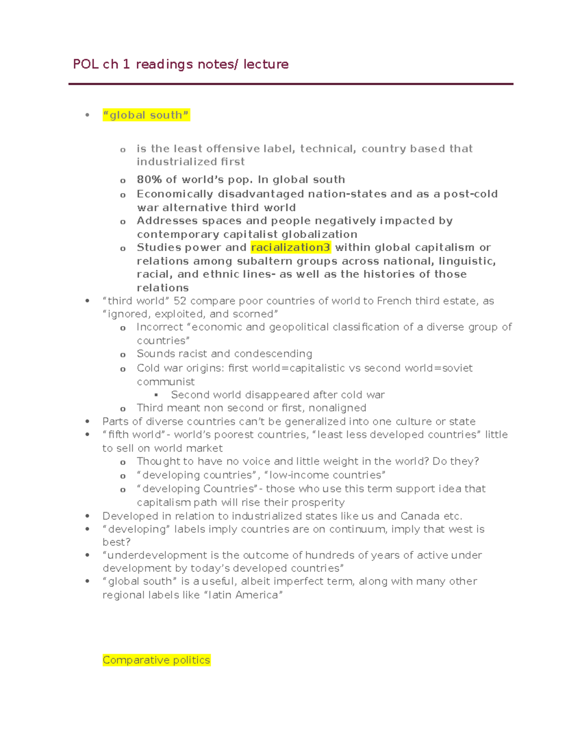 Comparative intro to politics notes - POL ch 1 readings notes/ lecture ...