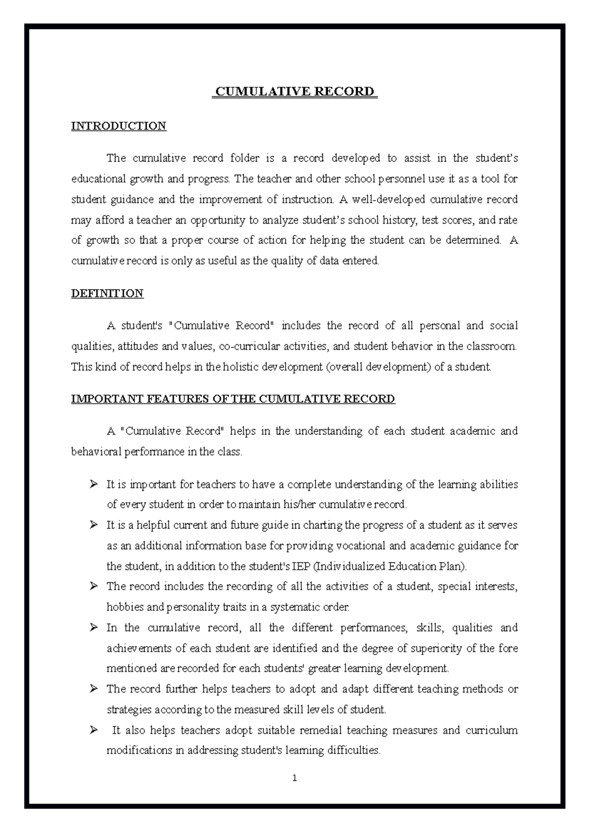 THE Cumulative Record Folder CUMULATIVE RECORD INTRODUCTION The