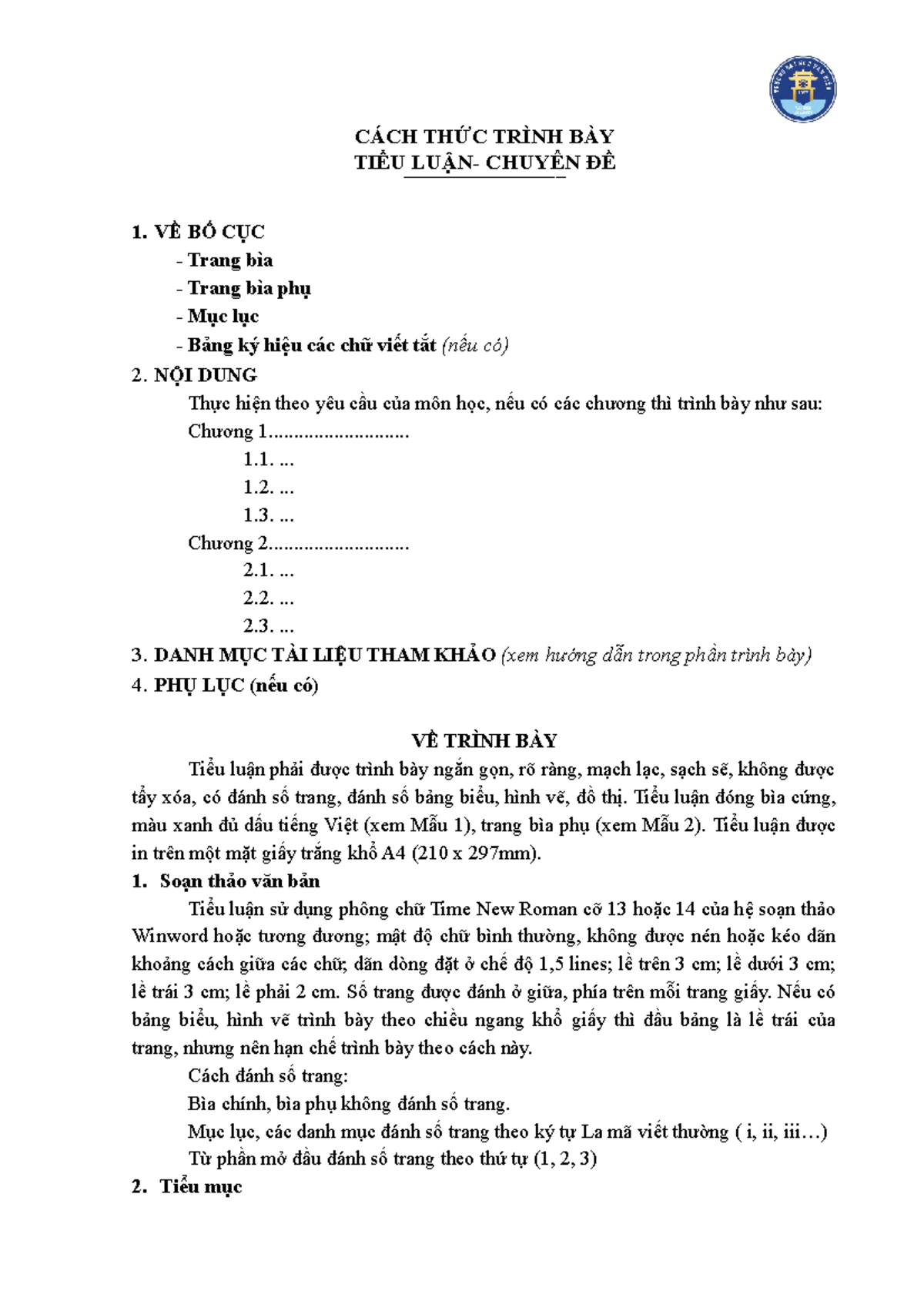 1. HƯỚNG DẪN Trình BÀY TIỂU LUẬN Chuyên ĐỀ 28 - CÁCH THỨC TRÌNH BÀY ...