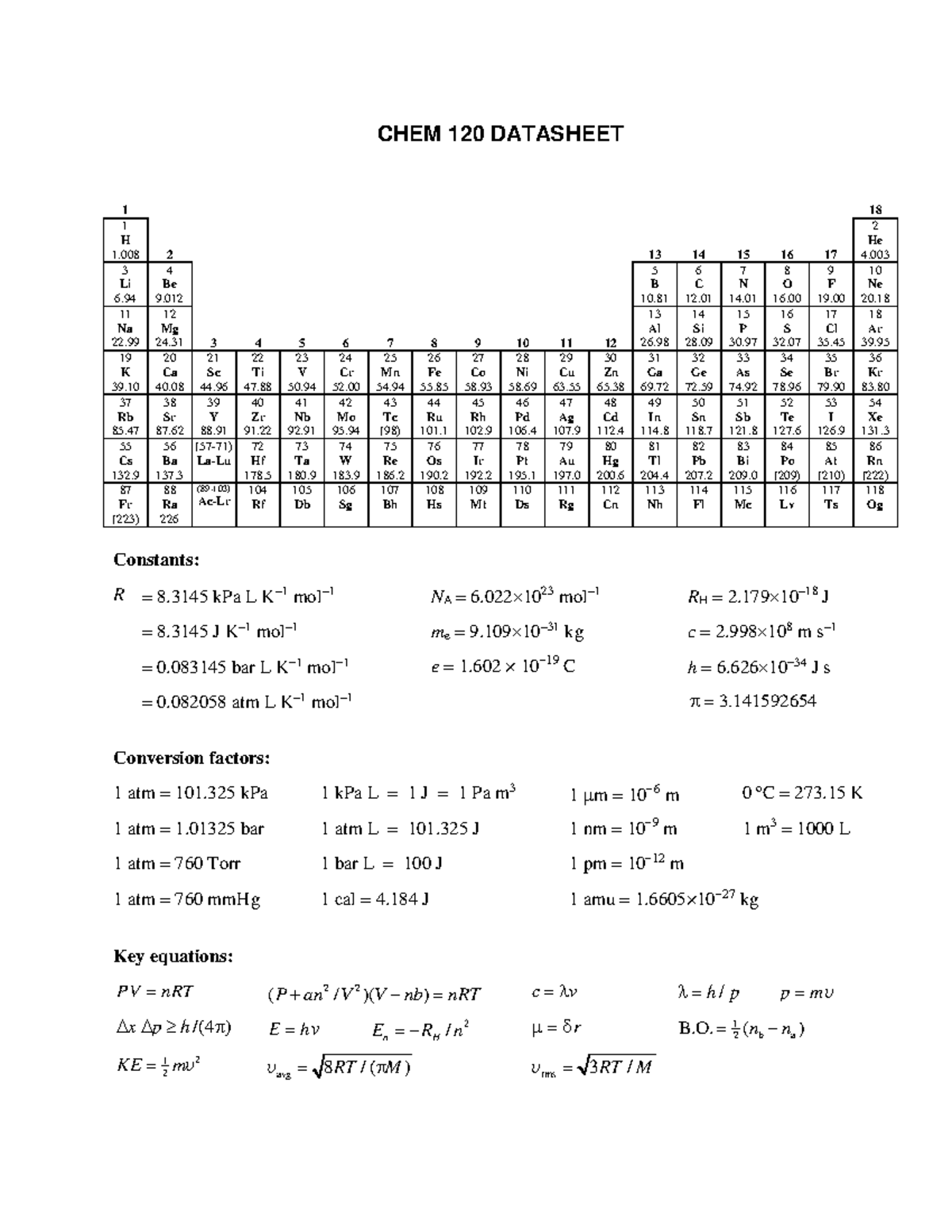 C120-datasheet-f22 - hELLO - CHEM 120 DATASHEET 1 18 1 H 1. 2 13 14 15 ...