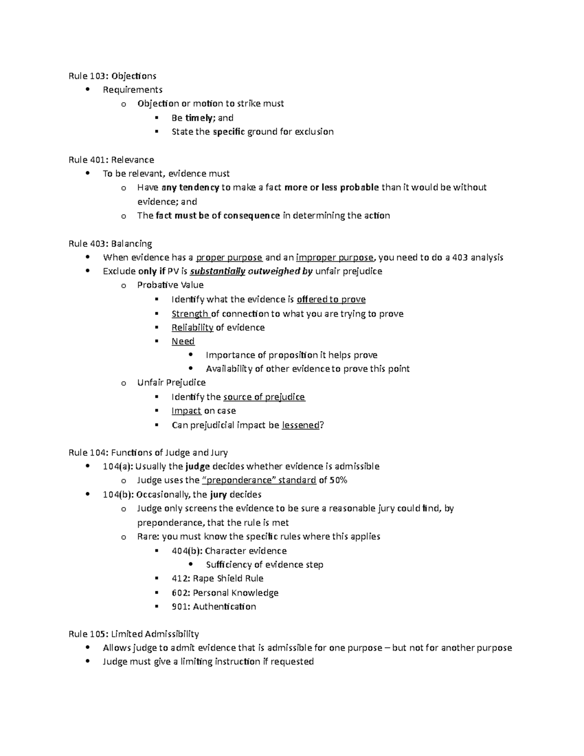 Evidence Study Guide - Rule 103: Objections Requirements o Objection or ...