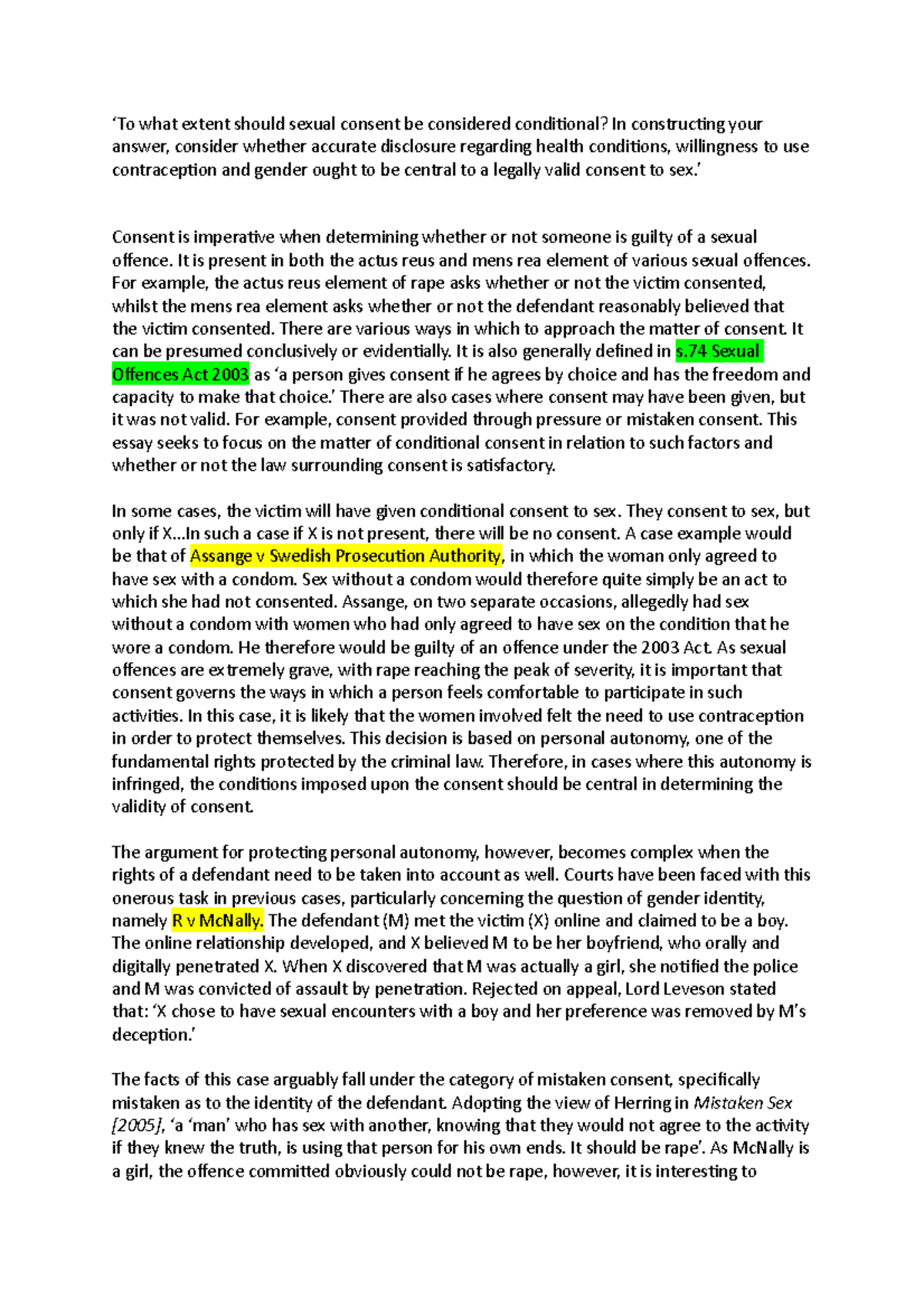 Conditional Consent Essay ‘to What Extent Should Sexual Consent Be Considered Conditional In