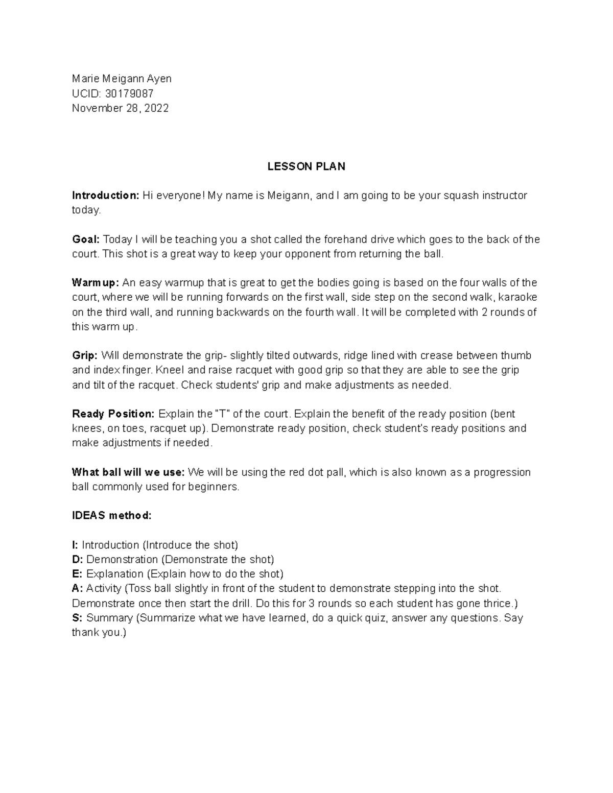 Squash Lesson Plan Marie Meigann Ayen UCID 30179087 November 28