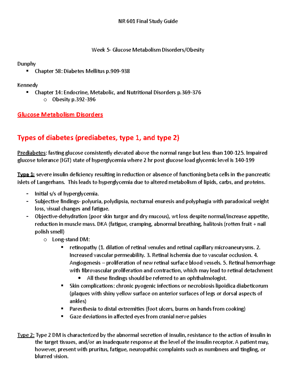 NR 601 Final Study Guide - NR 601 Final Study Guide Week 5- Glucose ...