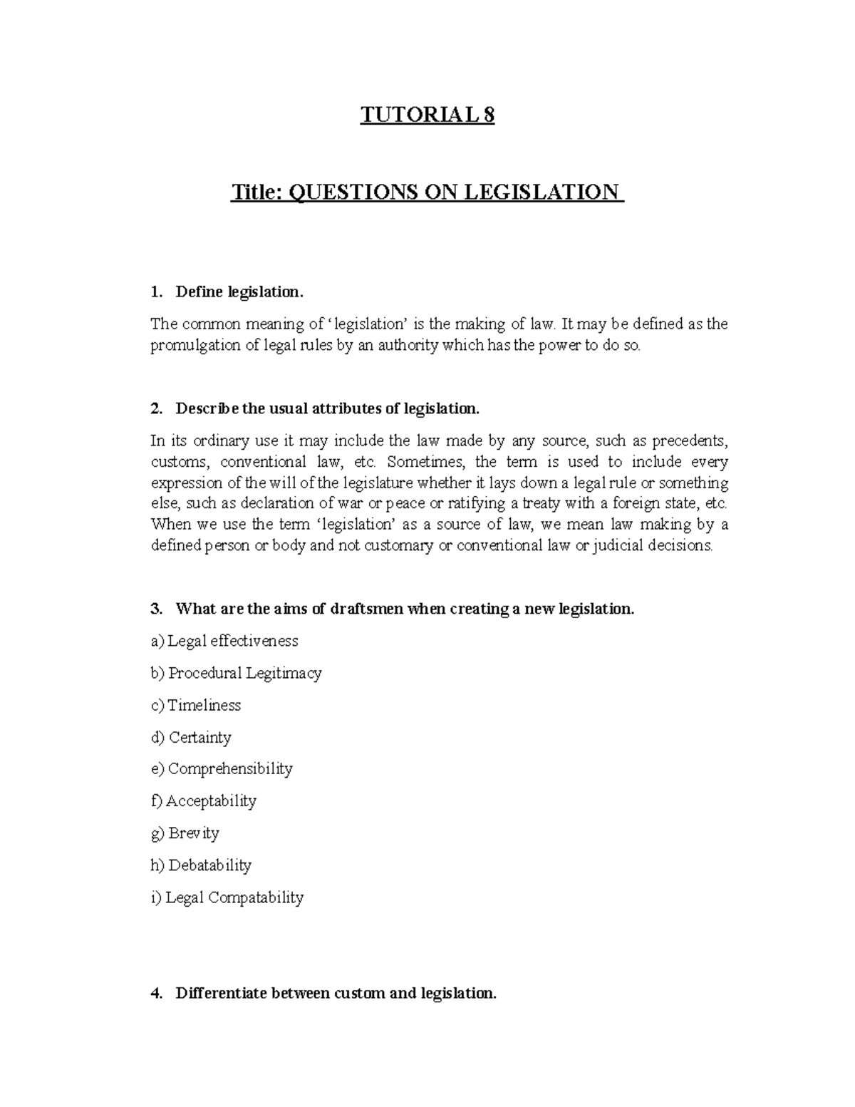 T8- Legis Ans - tutorial - TUTORIAL 8 Title: QUESTIONS ON LEGISLATION 1 ...