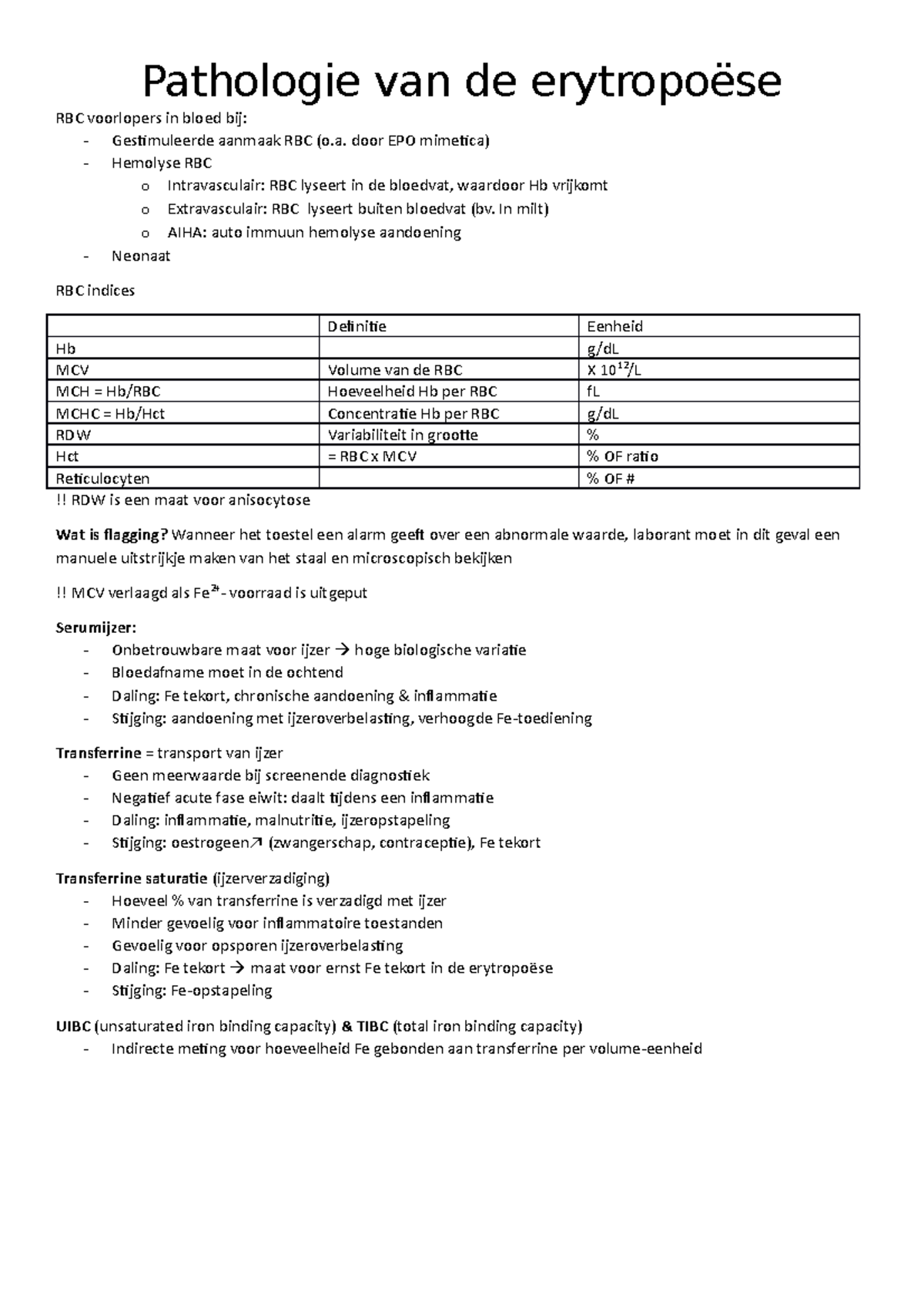 Pathologie van de erytropoëse - Pathologie van de erytropoëse RBC ...