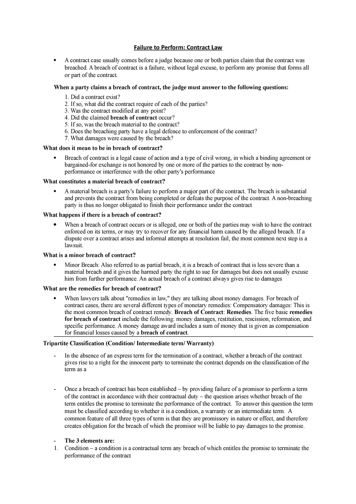 Contract Law - Failure to Perform Study Notes - Failure to Perform ...