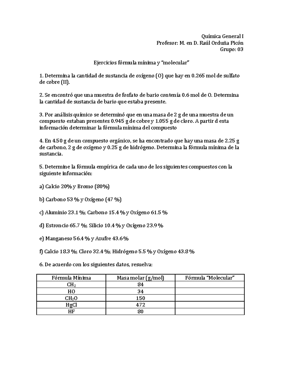 esercizi formula minima e molecolare