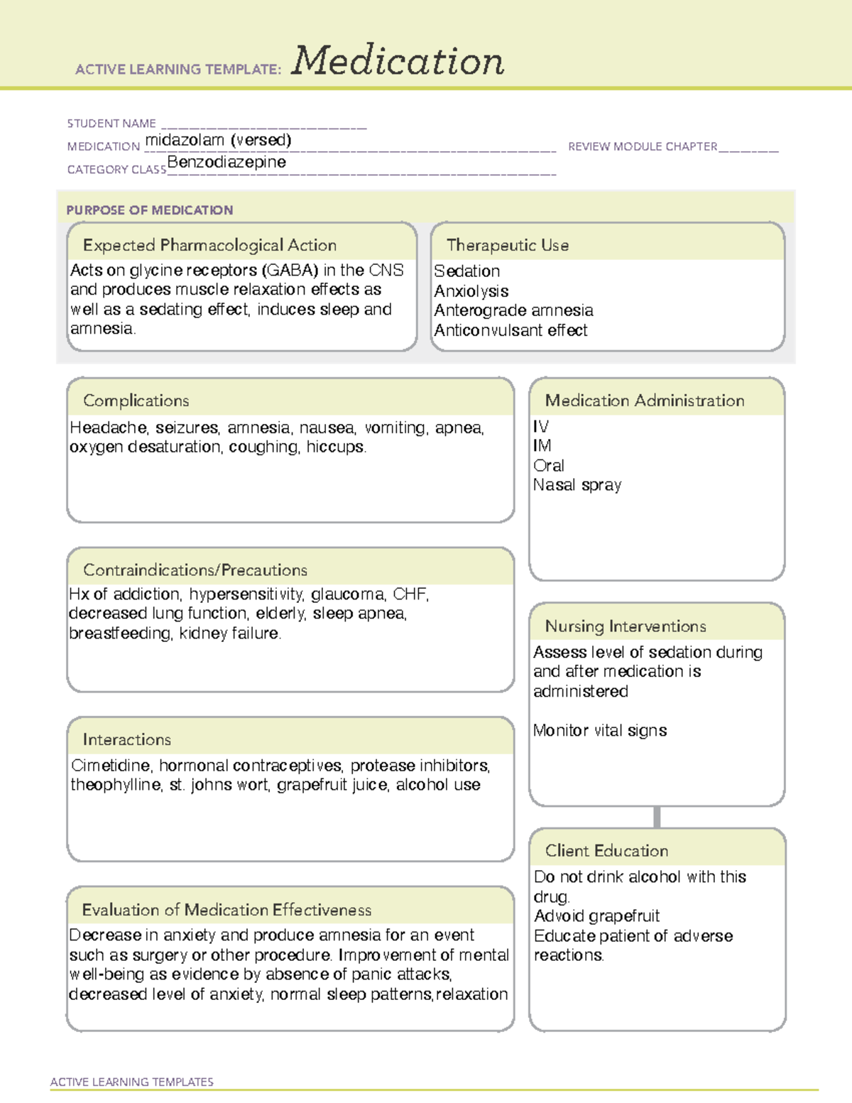 Versed Med Card - ACTIVE LEARNING TEMPLATES Medication STUDENT NAME ...