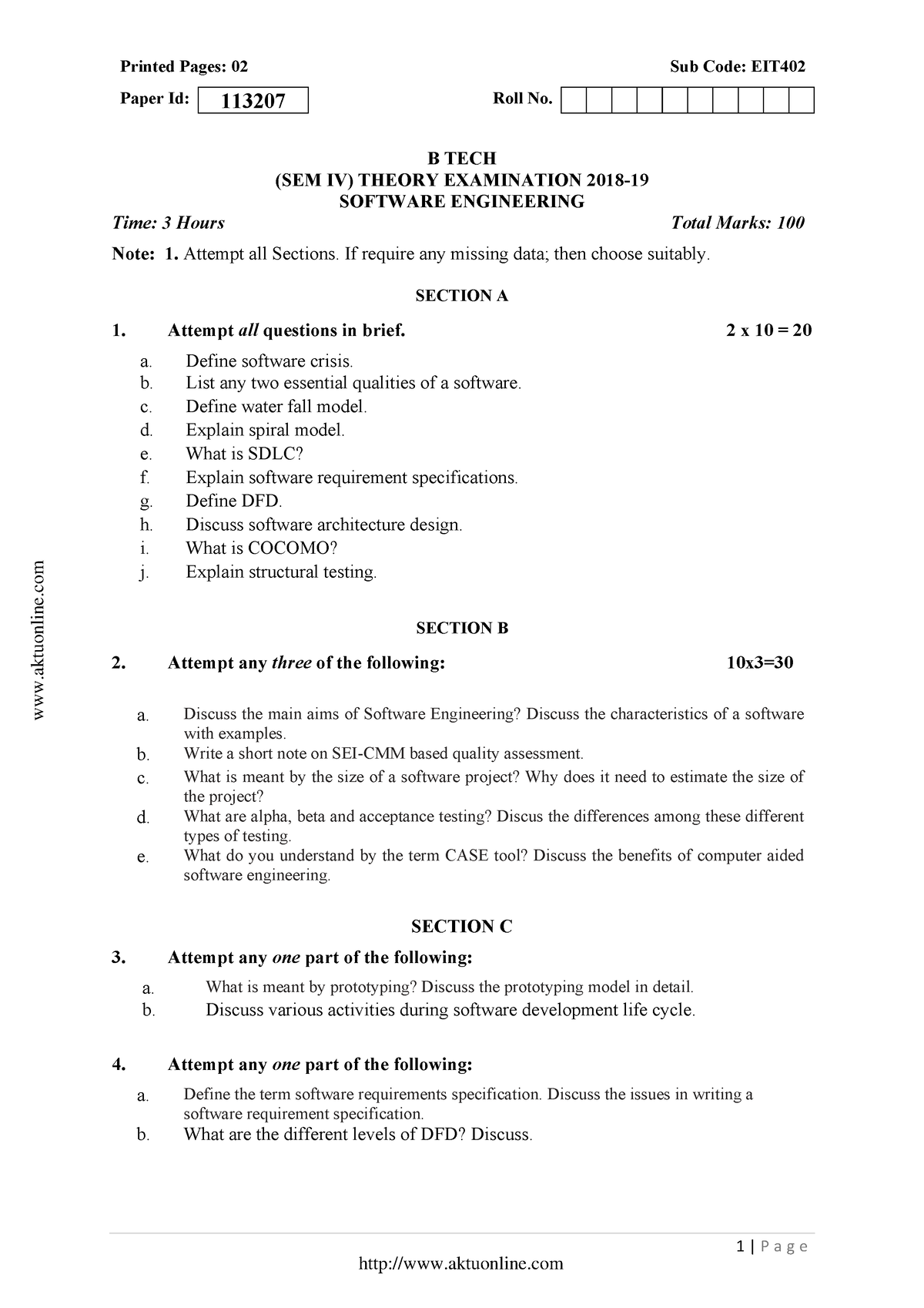 Btech It 4 Sem Software Engineering Eit402 2019 - Printed Pages: 02 Sub ...