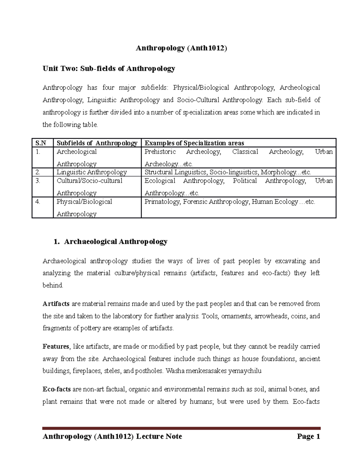 Chapter Two - Antro 101 - Anthropology (Anth1012) Unit Two: Sub-fields ...