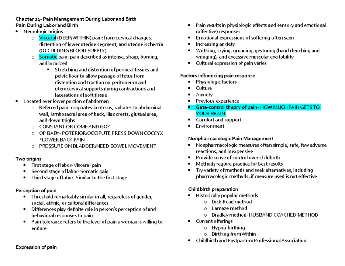 Chapter 14 Pain Management During Labor and Birth notes Chapter 14
