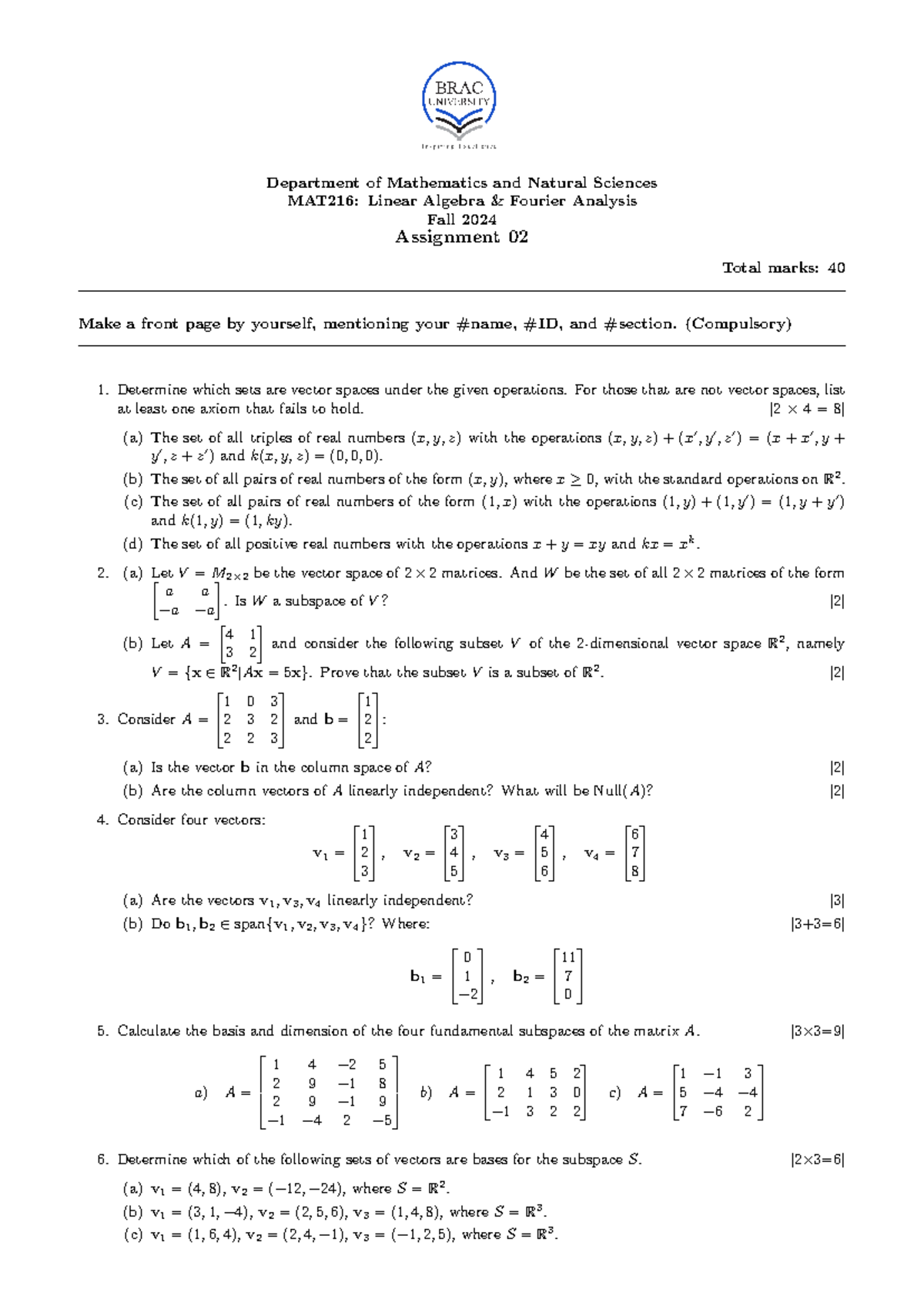 Assignment 02 MAT216 Fall 24 - Department of Mathematics and Natural ...