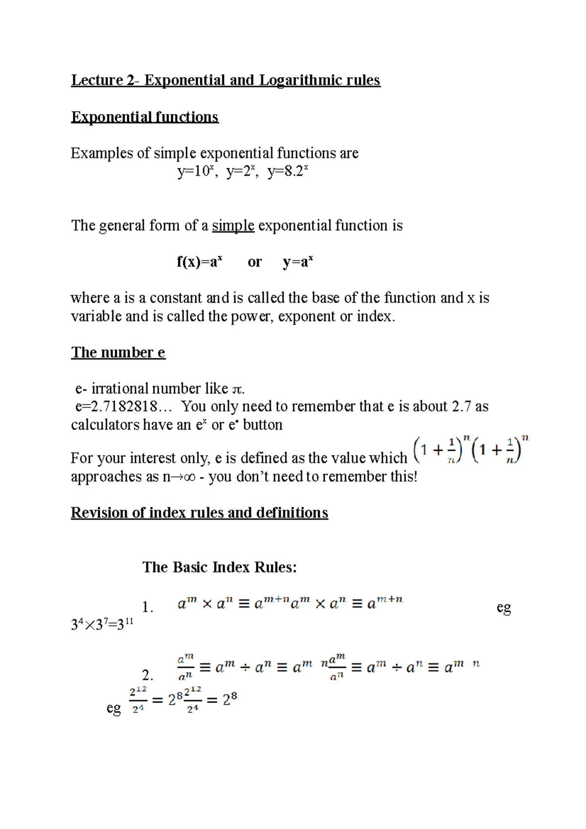 Lecture 2 - Lecture 2- Exponential and Logarithmic rules Exponential ...