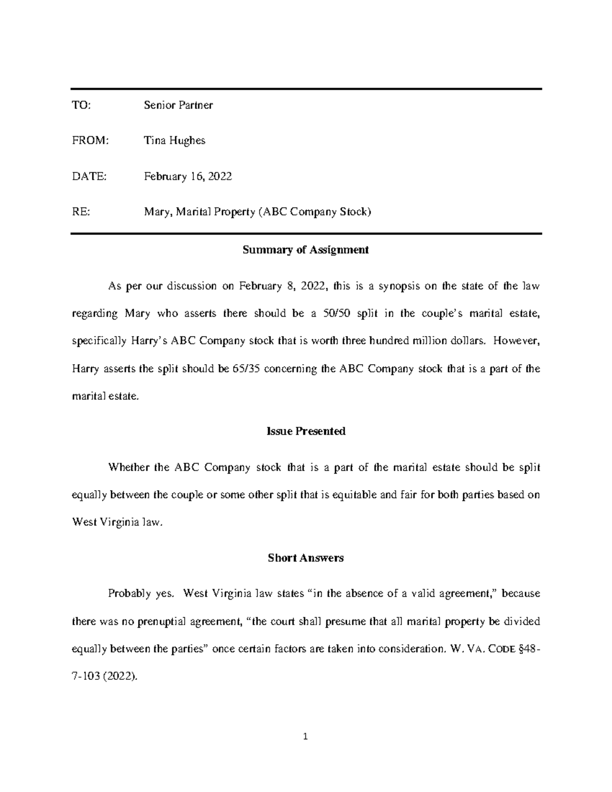 Legal Methods Legal Memorandum Exercise Tina Hughes TO Senior