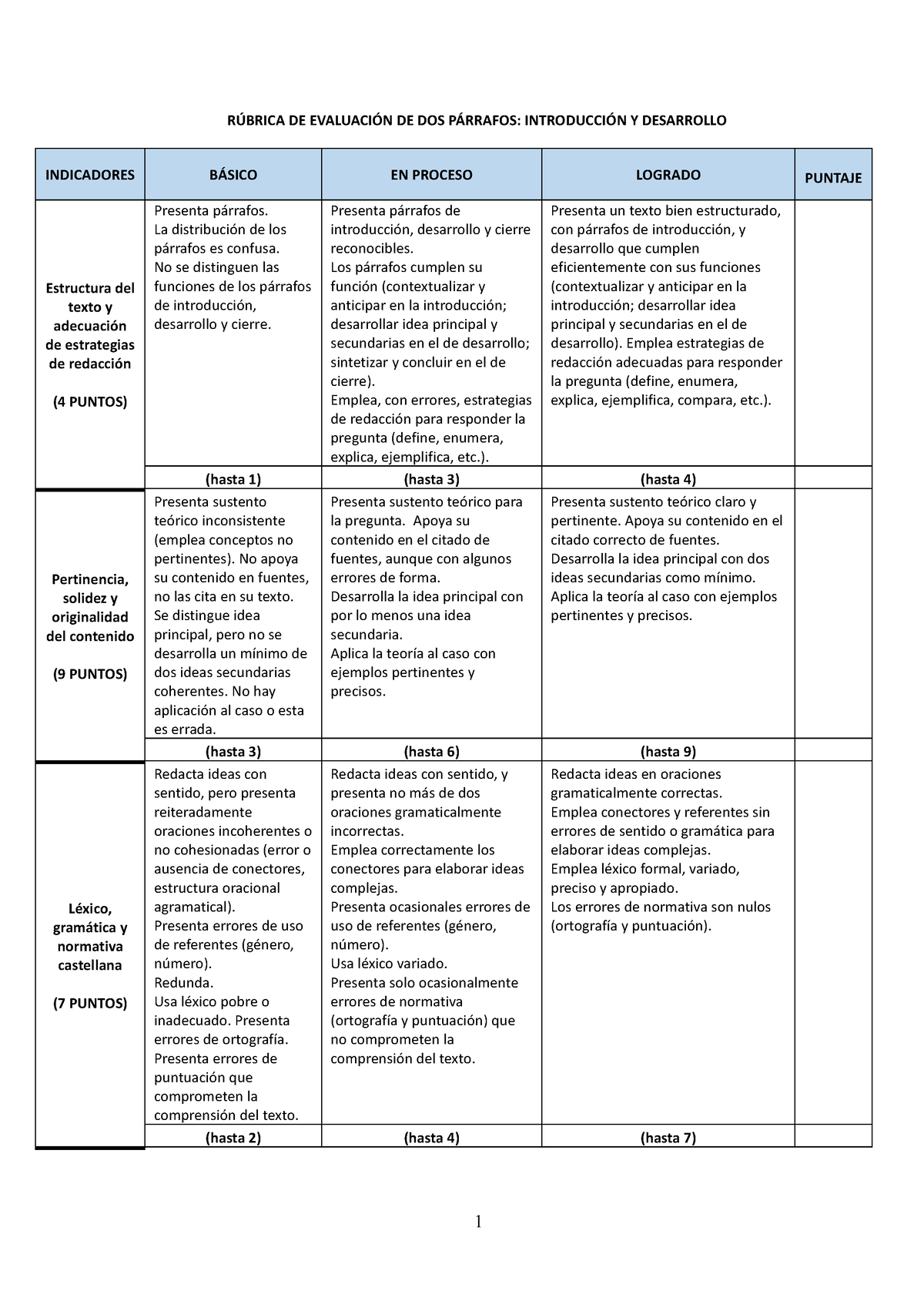 R Brica Para Redacci N De Dos P Rrafos Introducci N Y Desarrollo R Brica De Evaluaci N De Dos