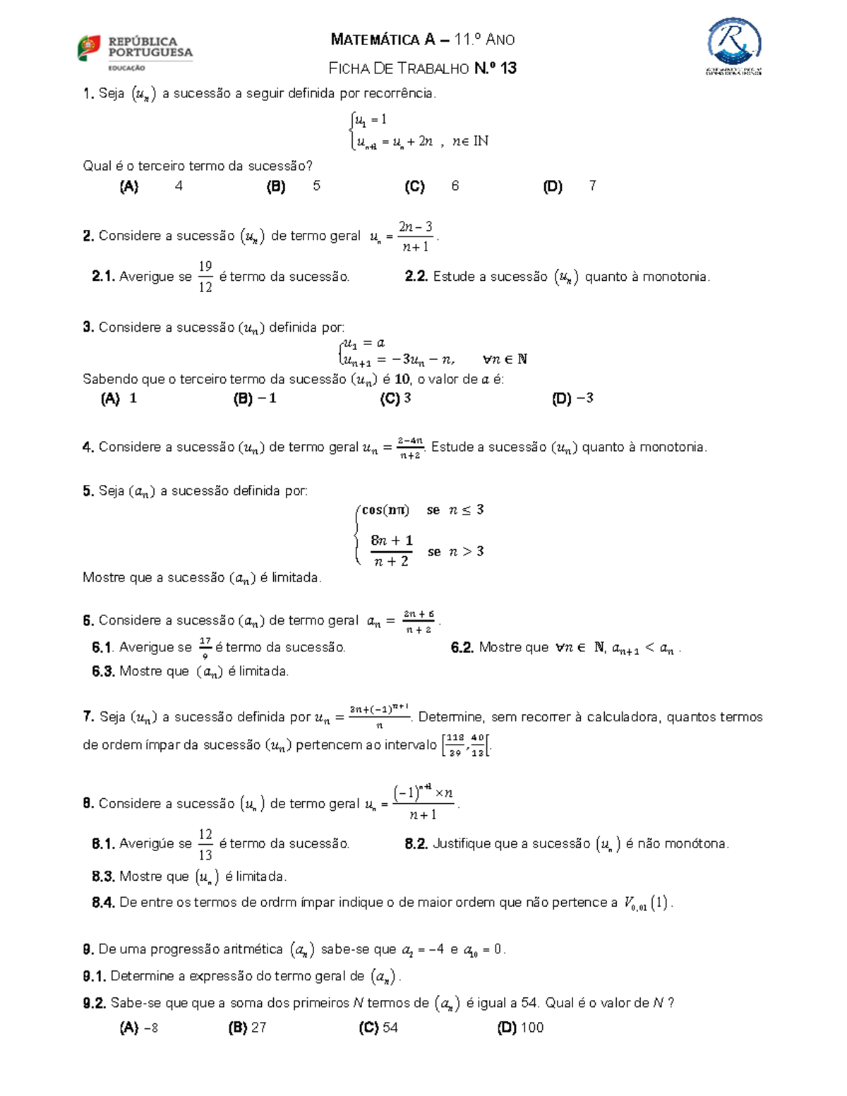 Matematica 11 ano - MATEMÁTICA A – 11.º ANO FICHA DE TRABALHO N.º 13 1 ...
