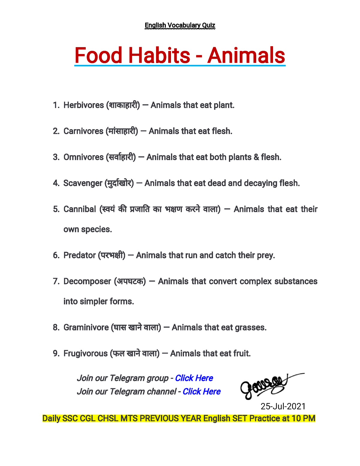 Food Habits - Animals - English Vocabulary Quiz Food Habits - Animals  Herbivores (>ा ा:ा 0 I) — - Studocu