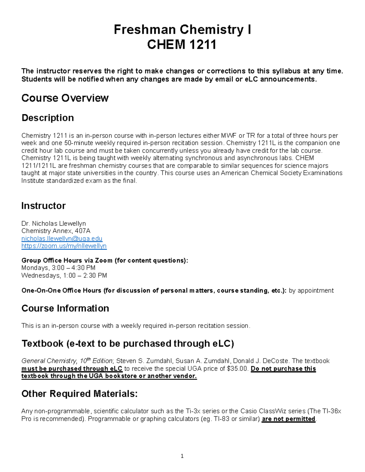 CHEM 1211 Syllabus SP22 - Freshman Chemistry I CHEM 1211 The Instructor ...
